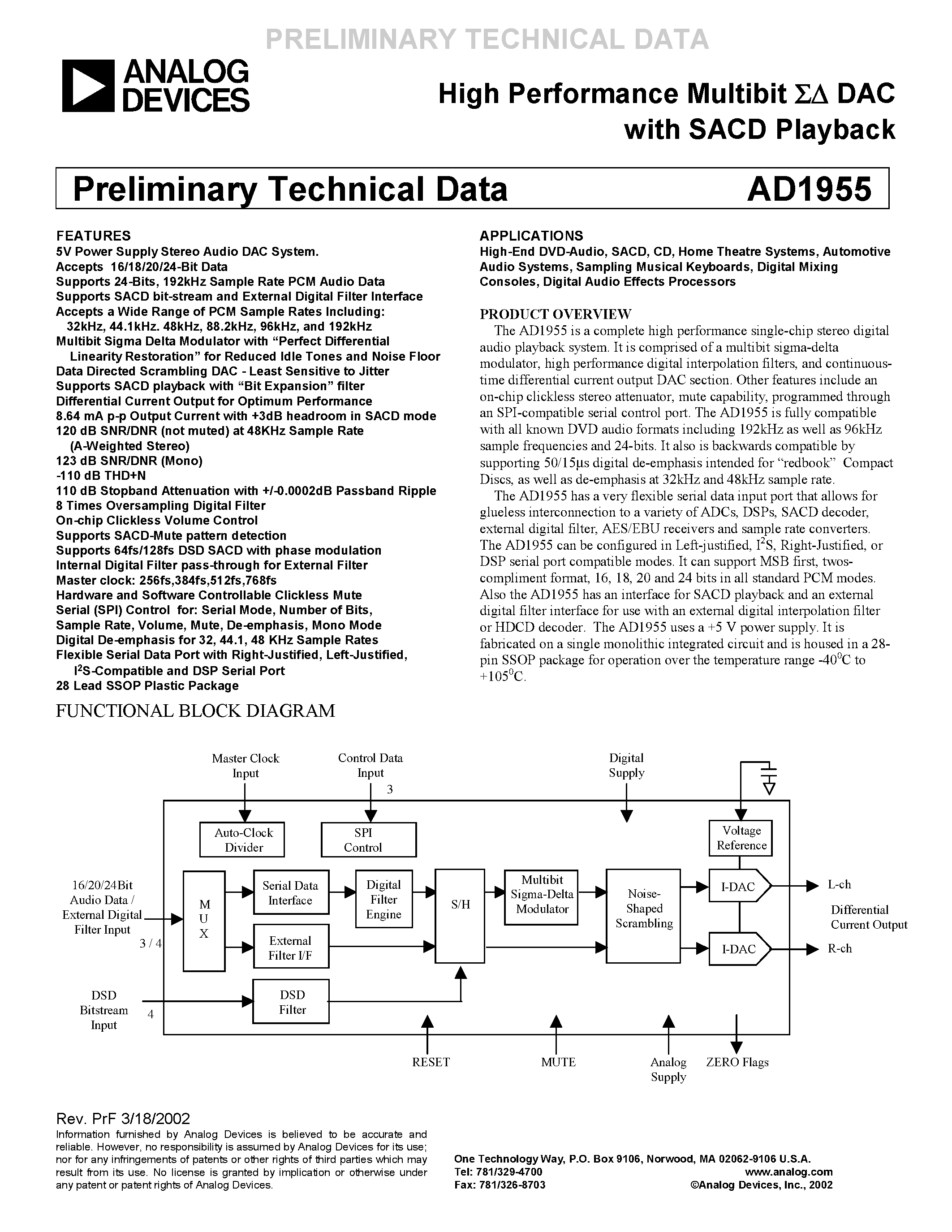 Даташит на микросхему AD1955YRS страница 1 Даташит AD1955YRS - High Performance Multibit DAC with SACD Playback страница 1