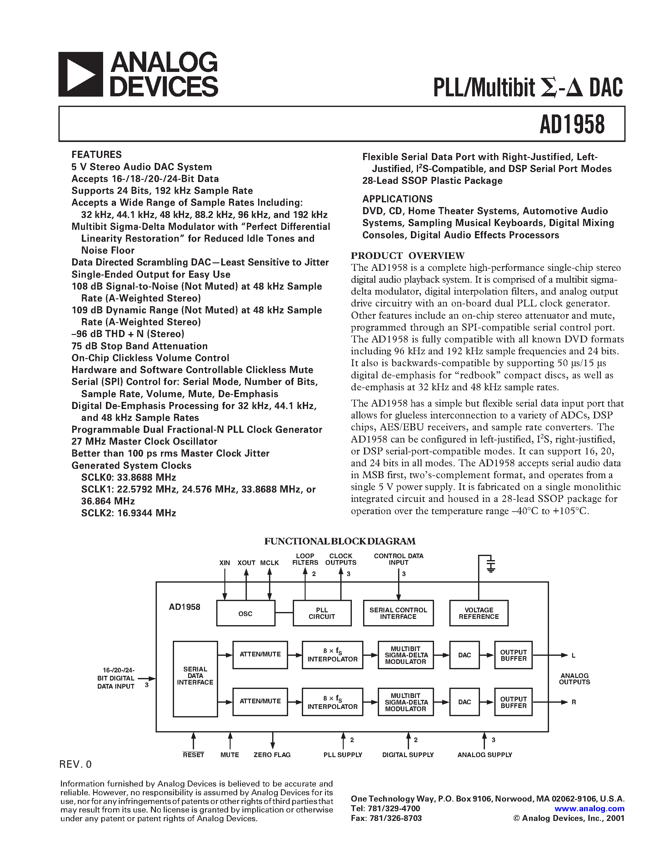 Datasheet AD1958 page 1 Datasheet AD1958 - PLL/Multibit DAC page 1