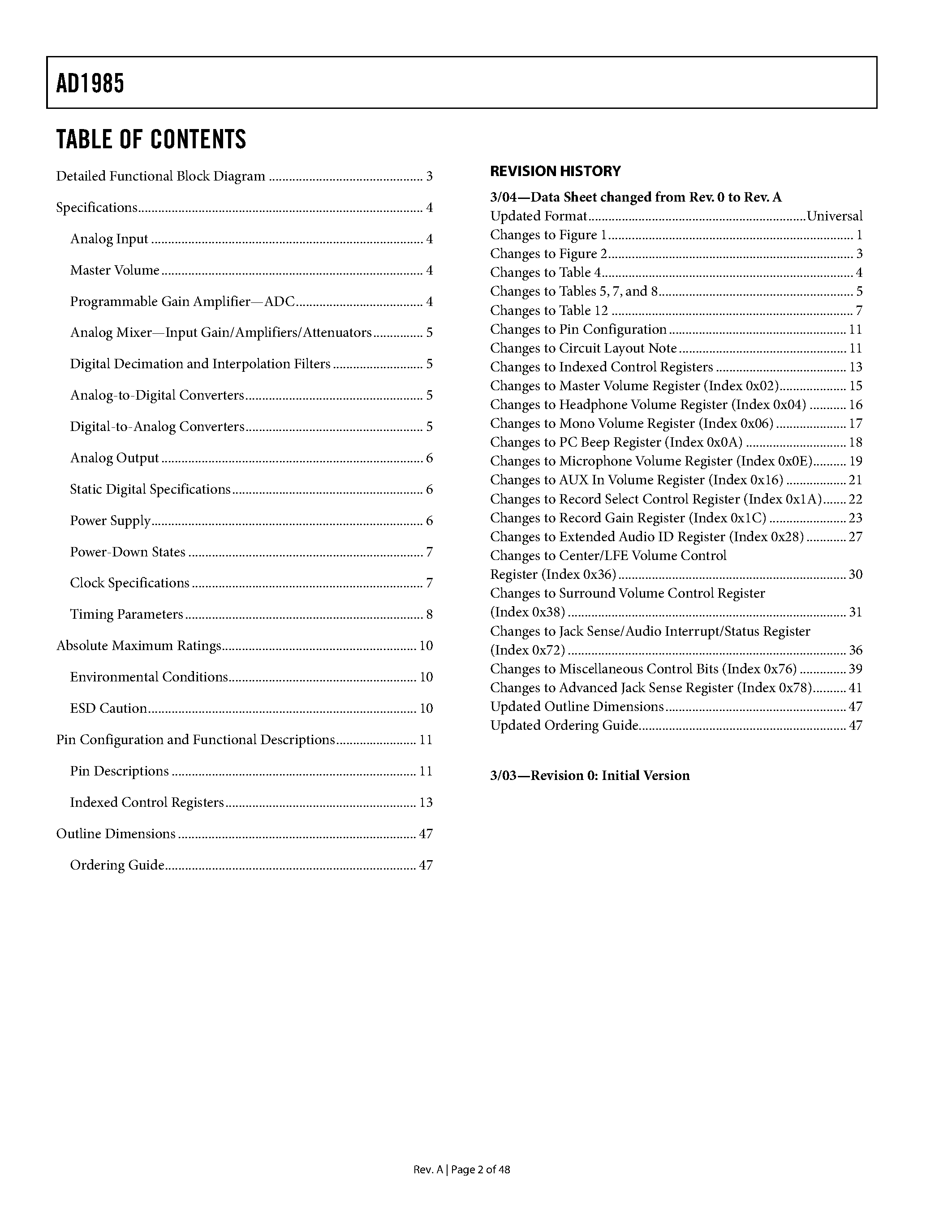 Datasheet AD1985JST-REEL - AC 97 SoundMAX Codec page 2