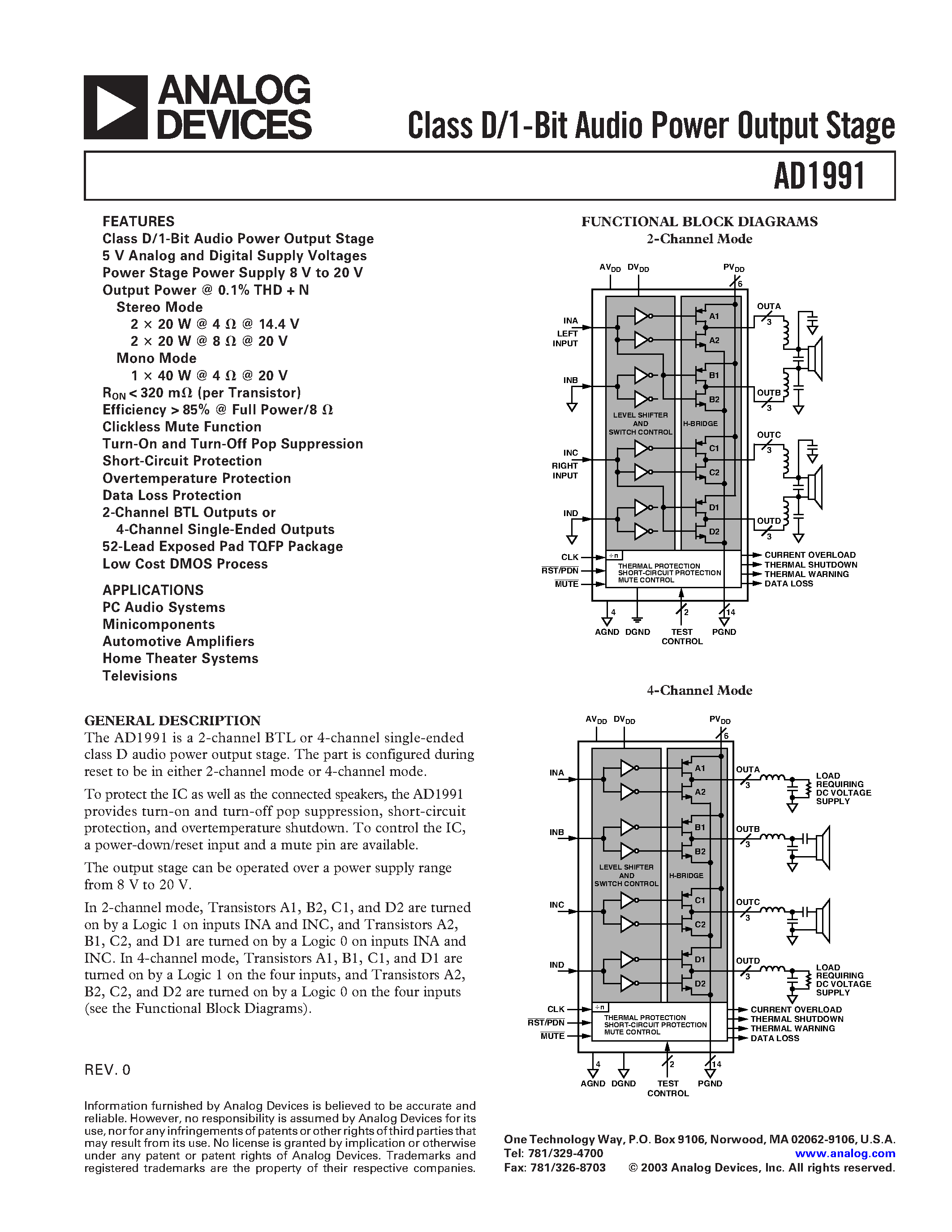 Datasheet AD1991 - Class D/1-Bit Audio Power Output Stage page 1