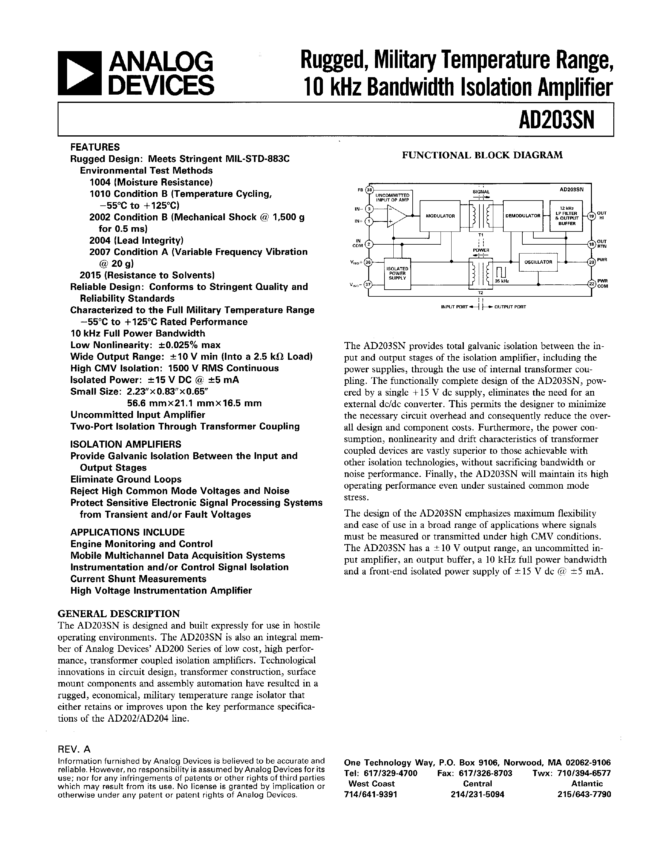 Datasheet AD203SN - Rugged/ Military Temperature Range/ 10 kHz Bandwidth Isolation Amplifier page 1