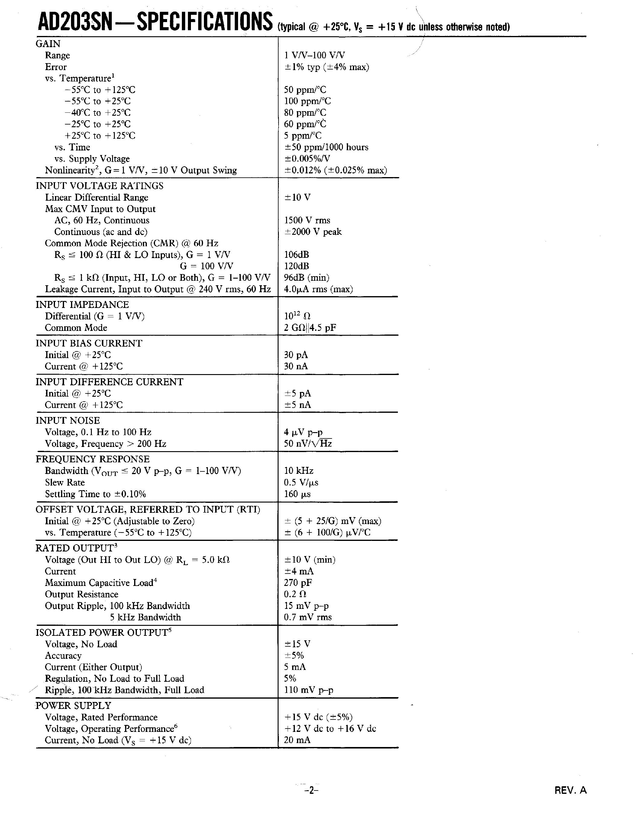 Datasheet AD203SN - Rugged/ Military Temperature Range/ 10 kHz Bandwidth Isolation Amplifier page 2