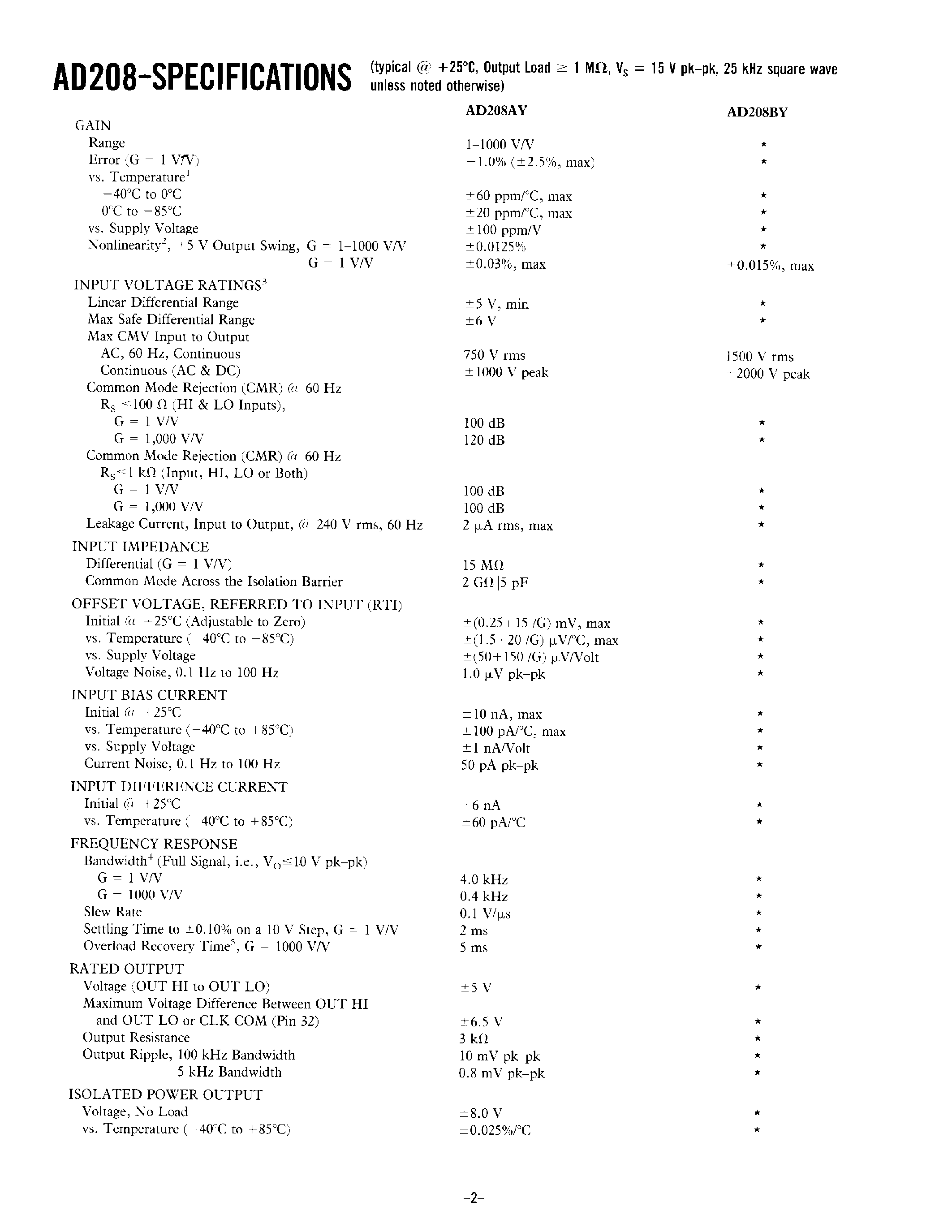 Даташит на микросхему AD208 страница 2 Даташит AD208 - High Precision/ Low Offset/ mV Input Isolation Amplifier страница 2