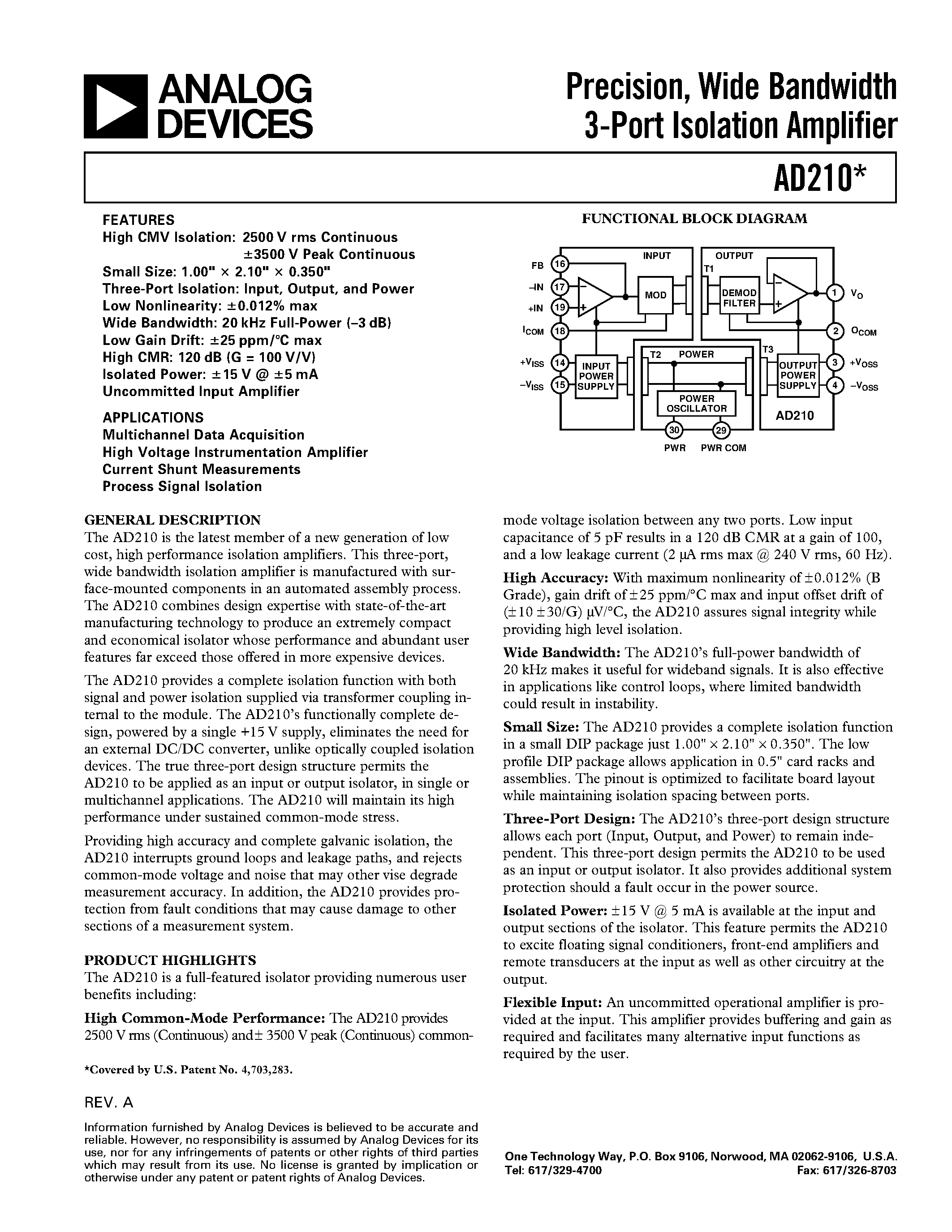 Даташит AD210 - Precision/ Wide Bandwidth 3-Port Isolation Amplifier страница 1