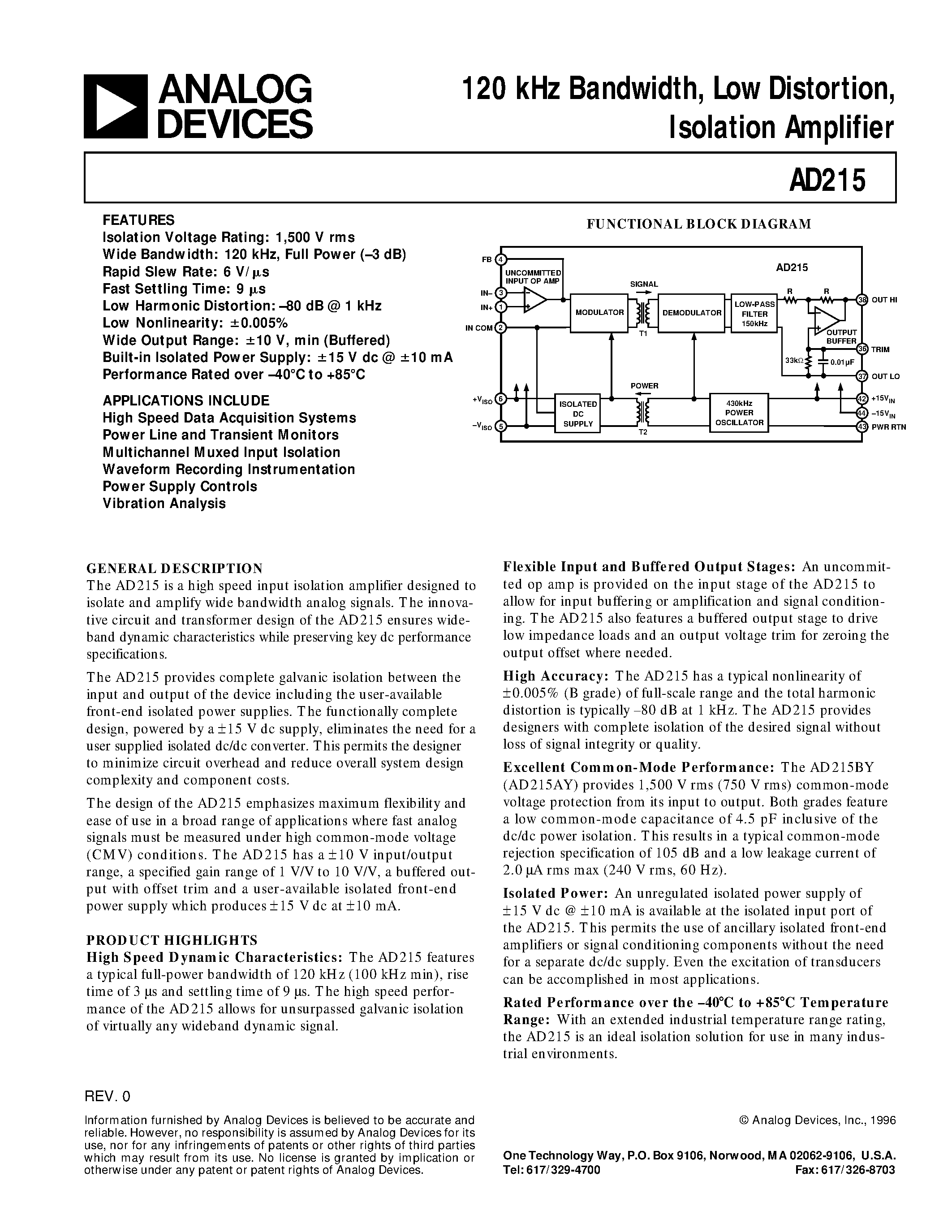 Datasheet AD215 - 120 kHz Bandwidth/ Low Distortion/ Isolation Amplifier page 1