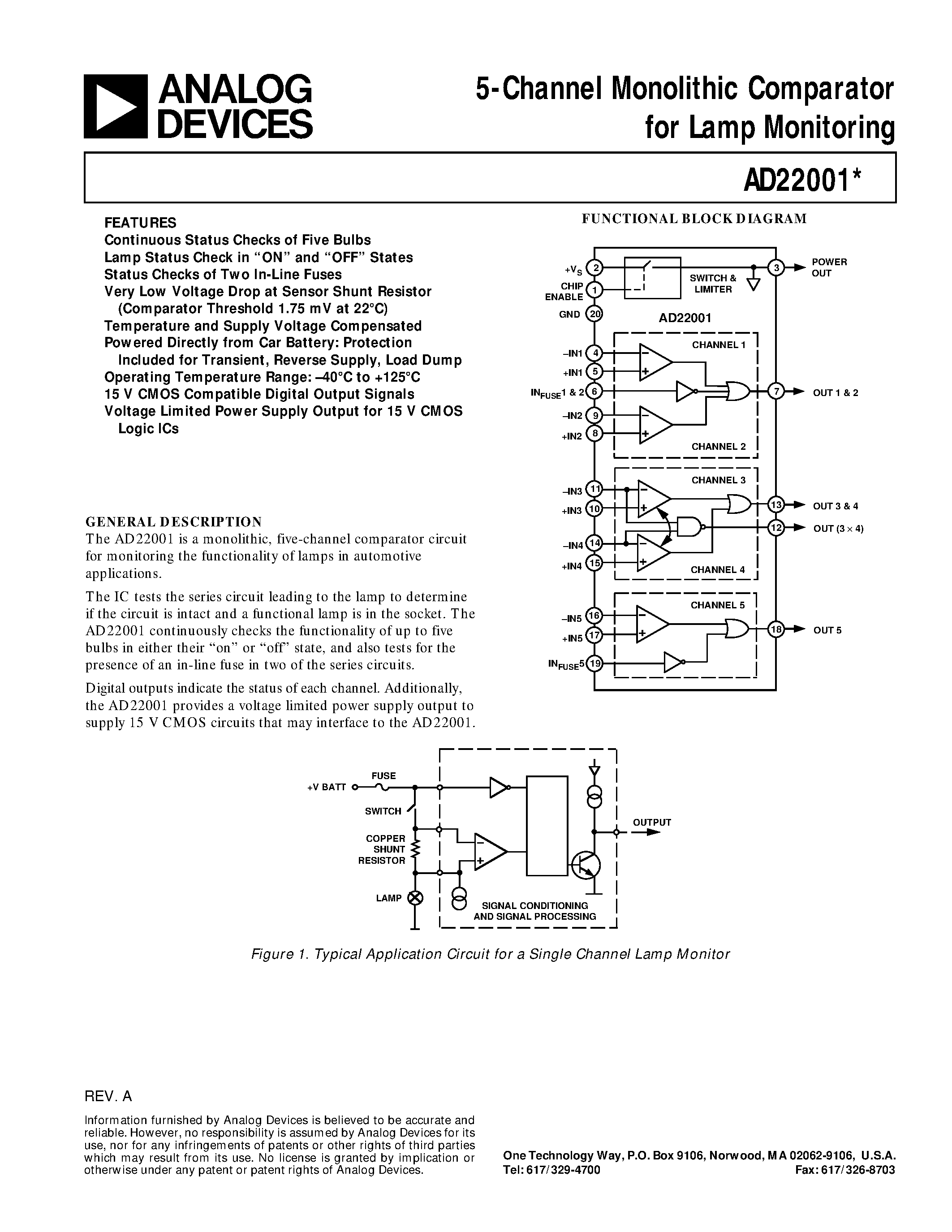 Datasheet AD22001 page 1 Datasheet AD22001 - 5-Channel Monolithic Comparator for Lamp Monitoring page 1