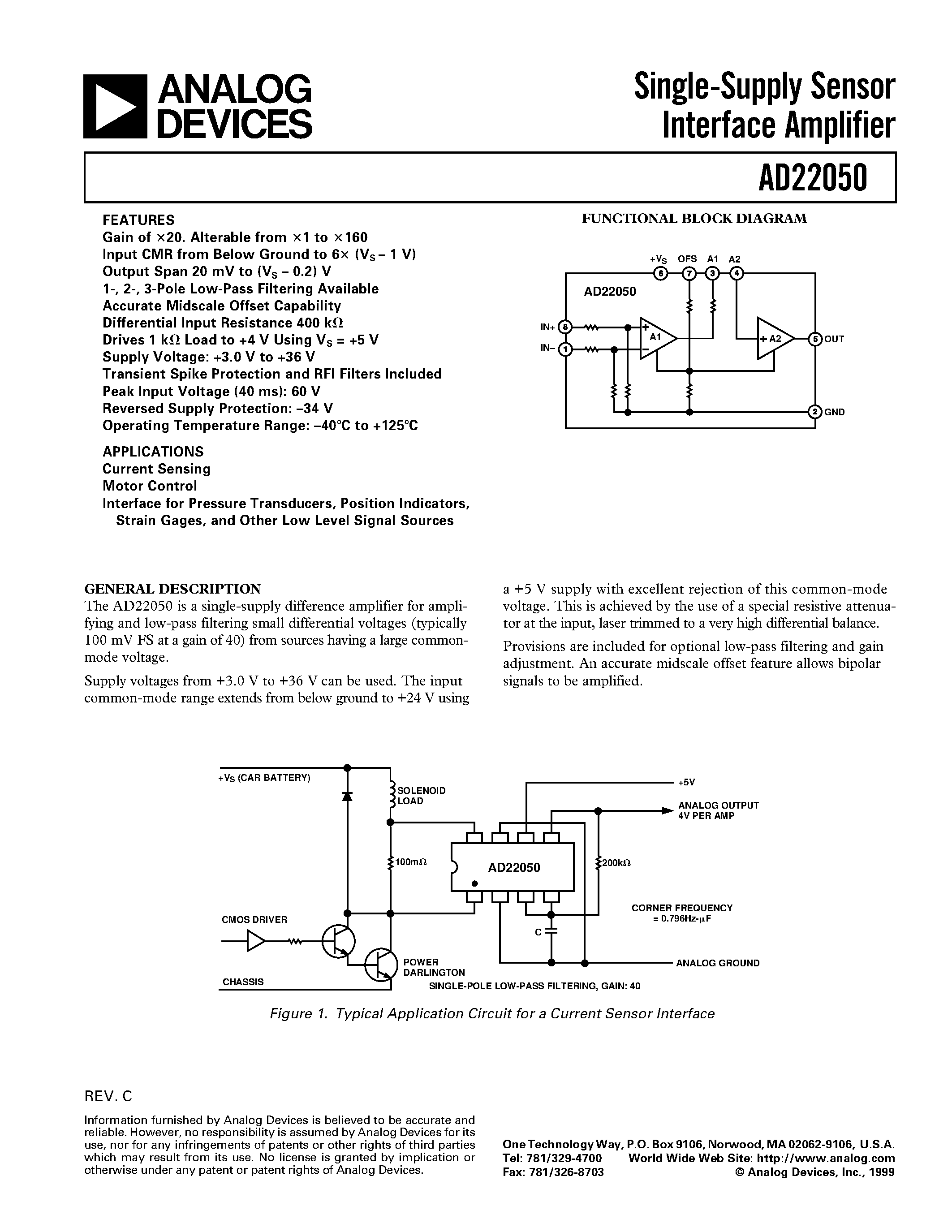 Datasheet AD22050N page 1 Datasheet AD22050N - Single-Supply Sensor Interface Amplifier page 1