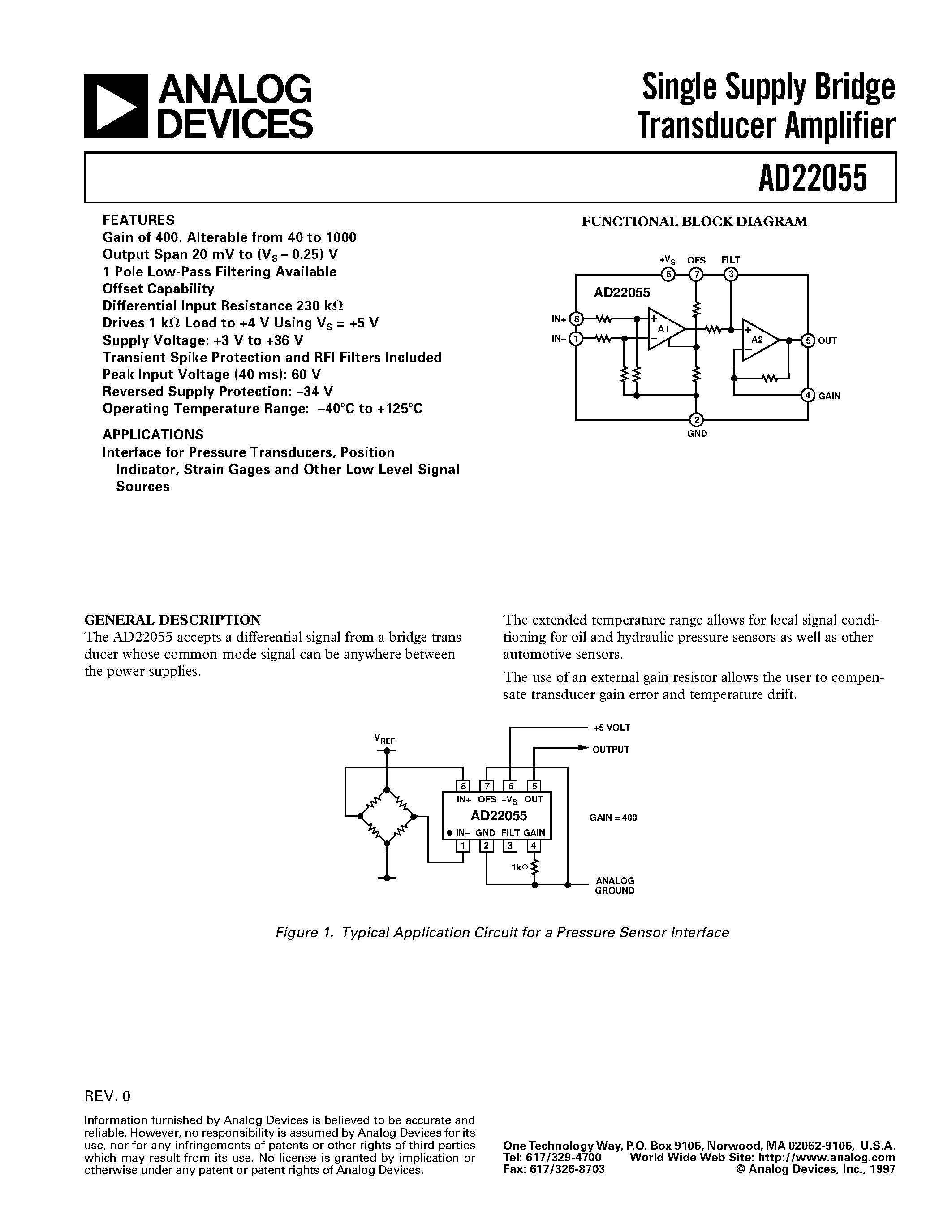 Datasheet AD22055 - Single Supply Bridge Transducer Amplifier page 1