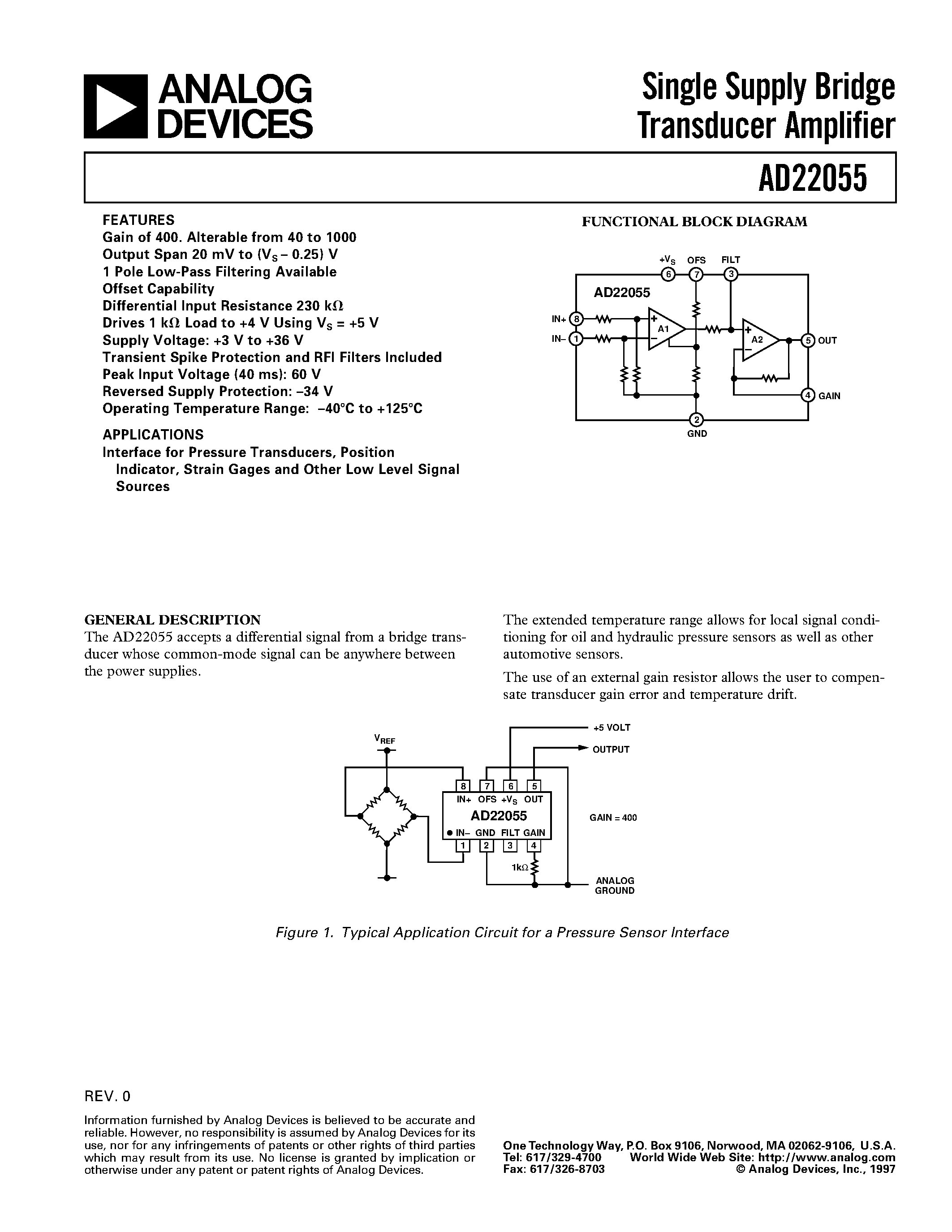 Даташит на микросхему AD22055N страница 1 Даташит AD22055N - Single Supply Bridge Transducer Amplifier страница 1