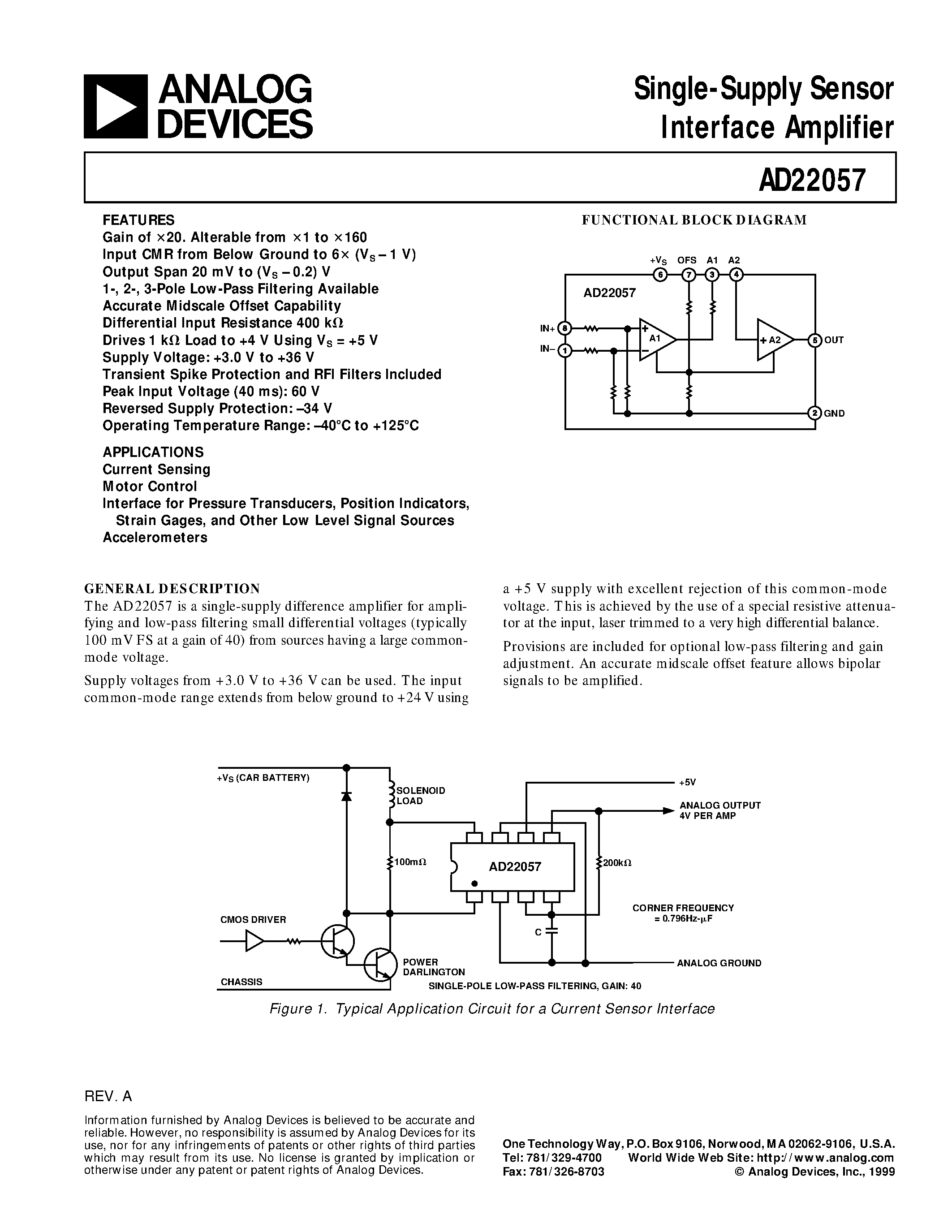 Даташит на микросхему AD22057R страница 1 Даташит AD22057R - Single-Supply Sensor Interface Amplifier страница 1