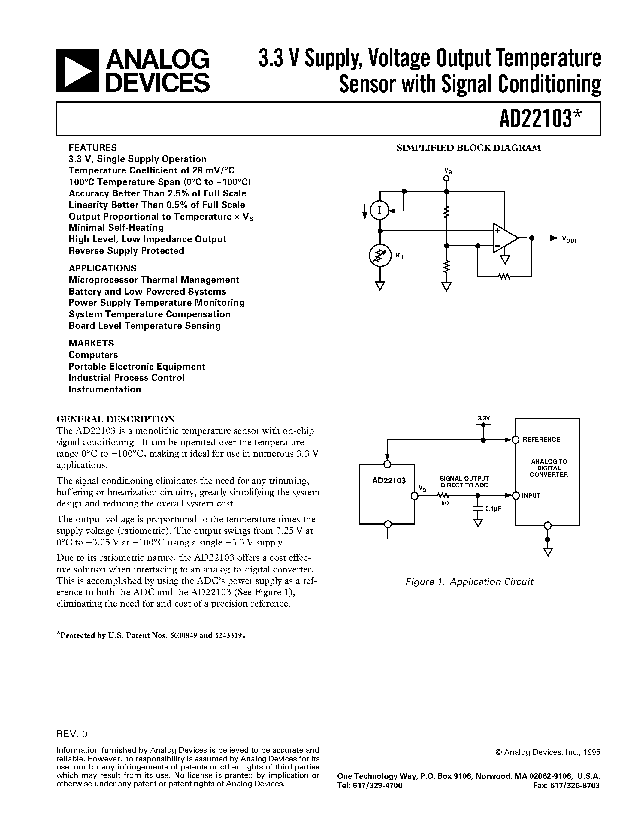 Datasheet AD22103KChips page 1 Datasheet AD22103KChips - 3.3 V Supply/ Voltage Output Temperature Sensor with Signal Conditioning page 1