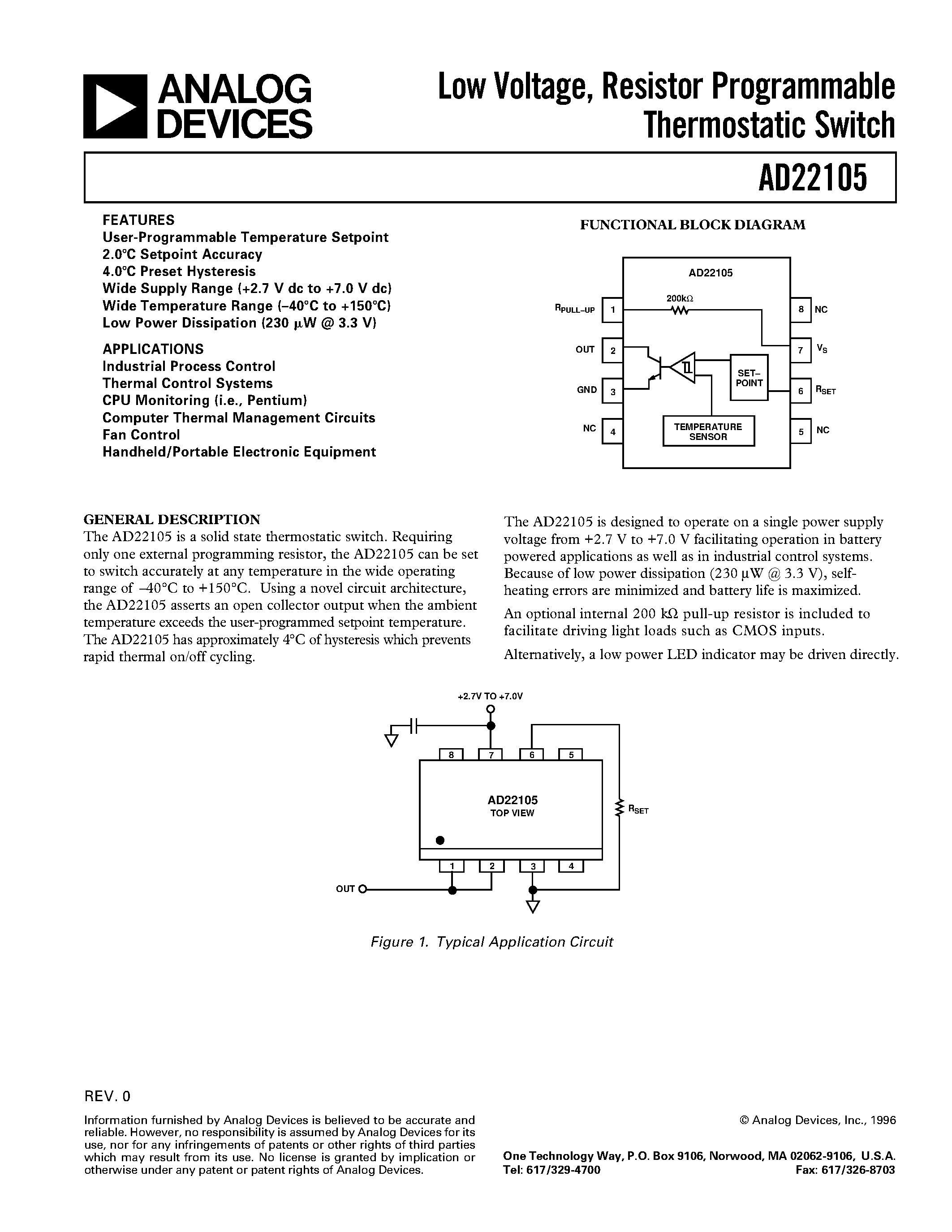 Даташит на микросхему AD22105AR страница 1 Даташит AD22105AR - Low Voltage/ Resistor Programmable Thermostatic Switch страница 1
