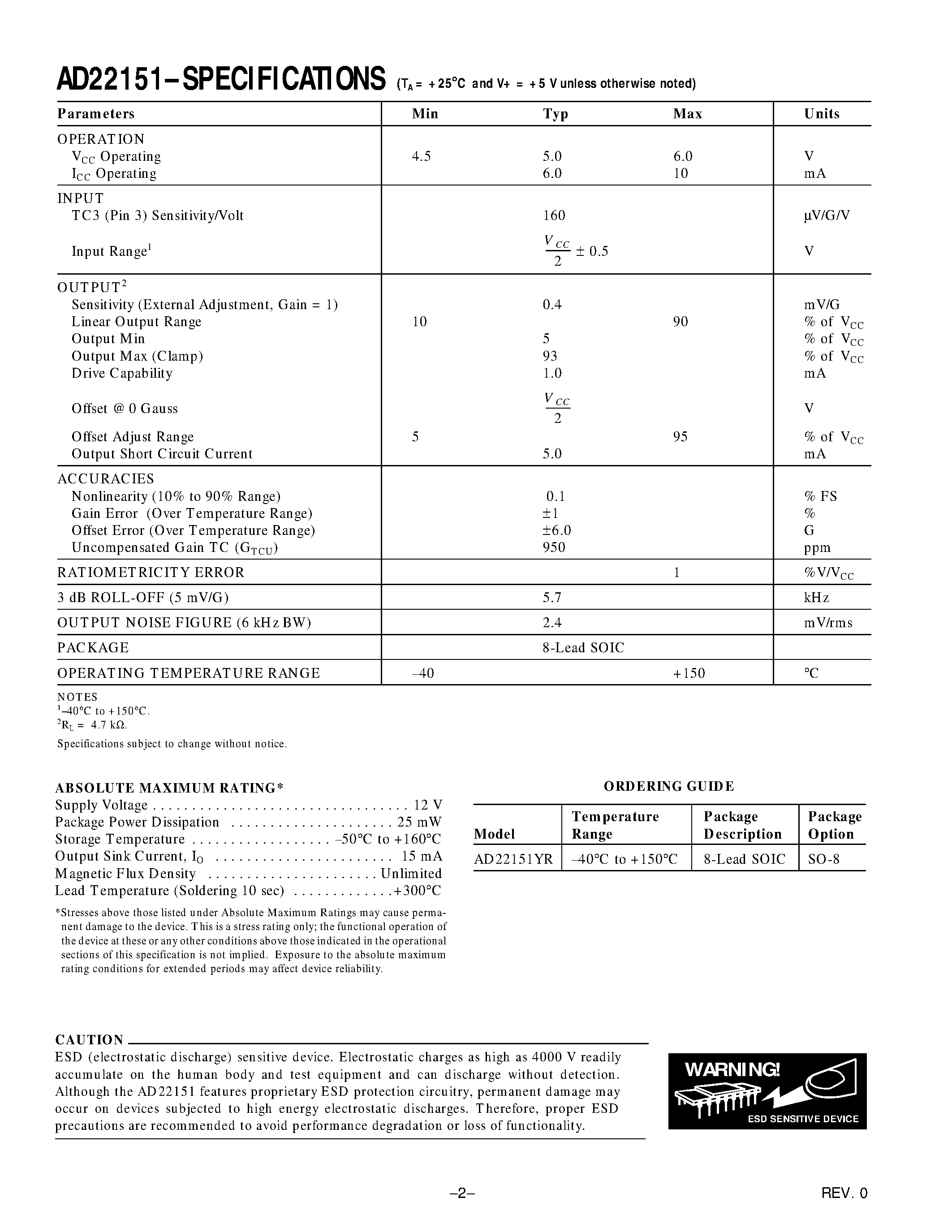 Datasheet AD22151 page 2 Datasheet AD22151 - Linear Output Magnetic Field Sensor page 2