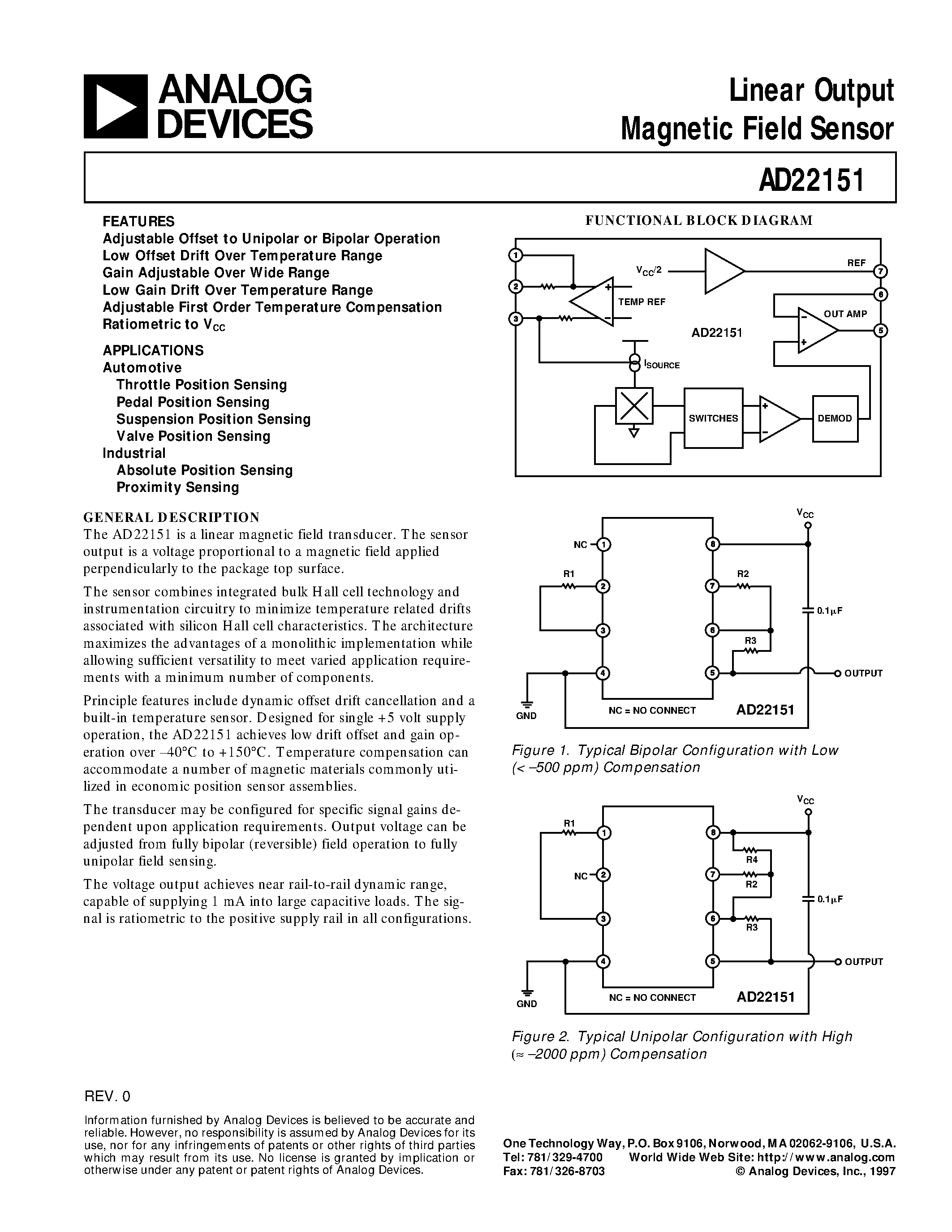 Datasheet AD22151YR page 1 Datasheet AD22151YR - Linear Output Magnetic Field Sensor page 1