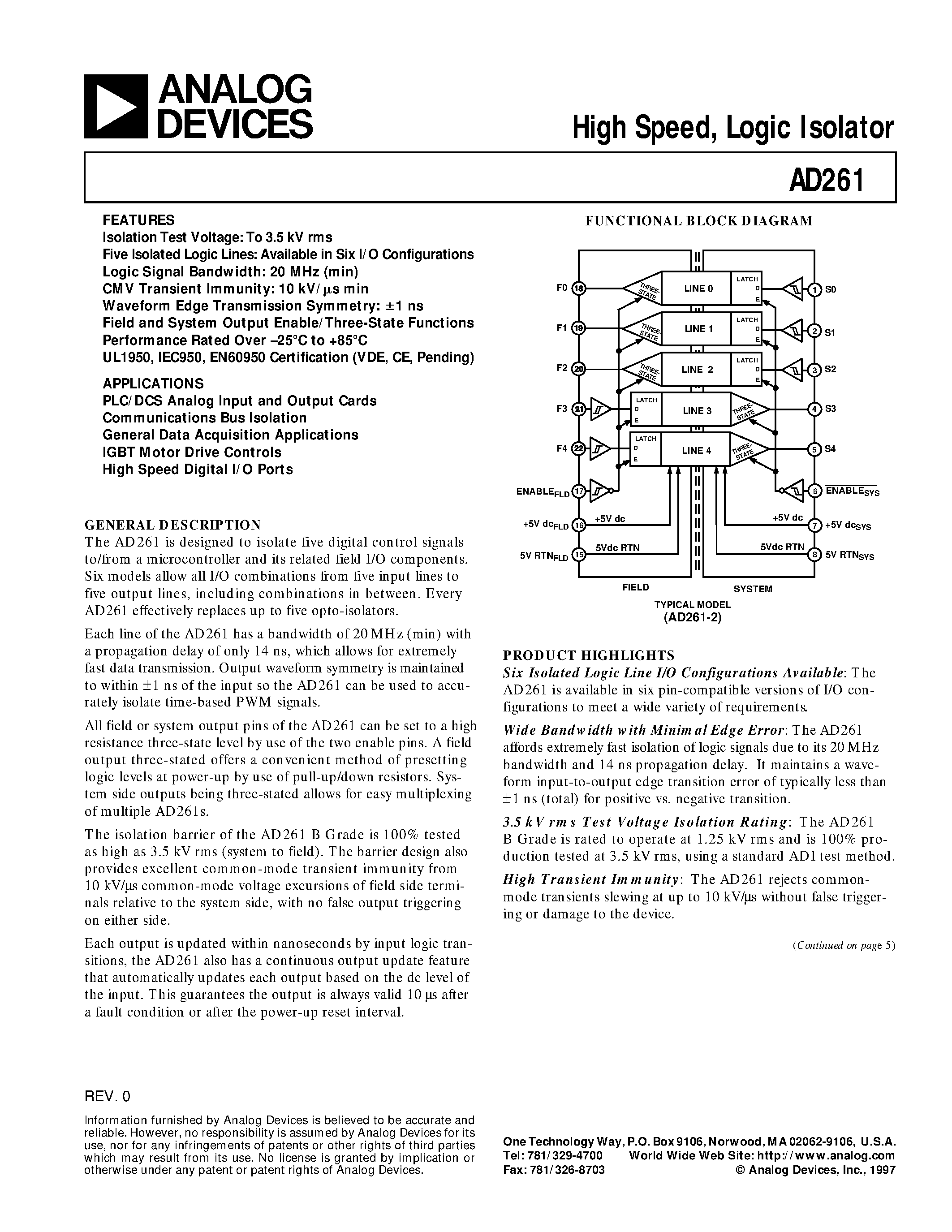 Даташит AD261AND-4 - High Speed/ Logic Isolator страница 1