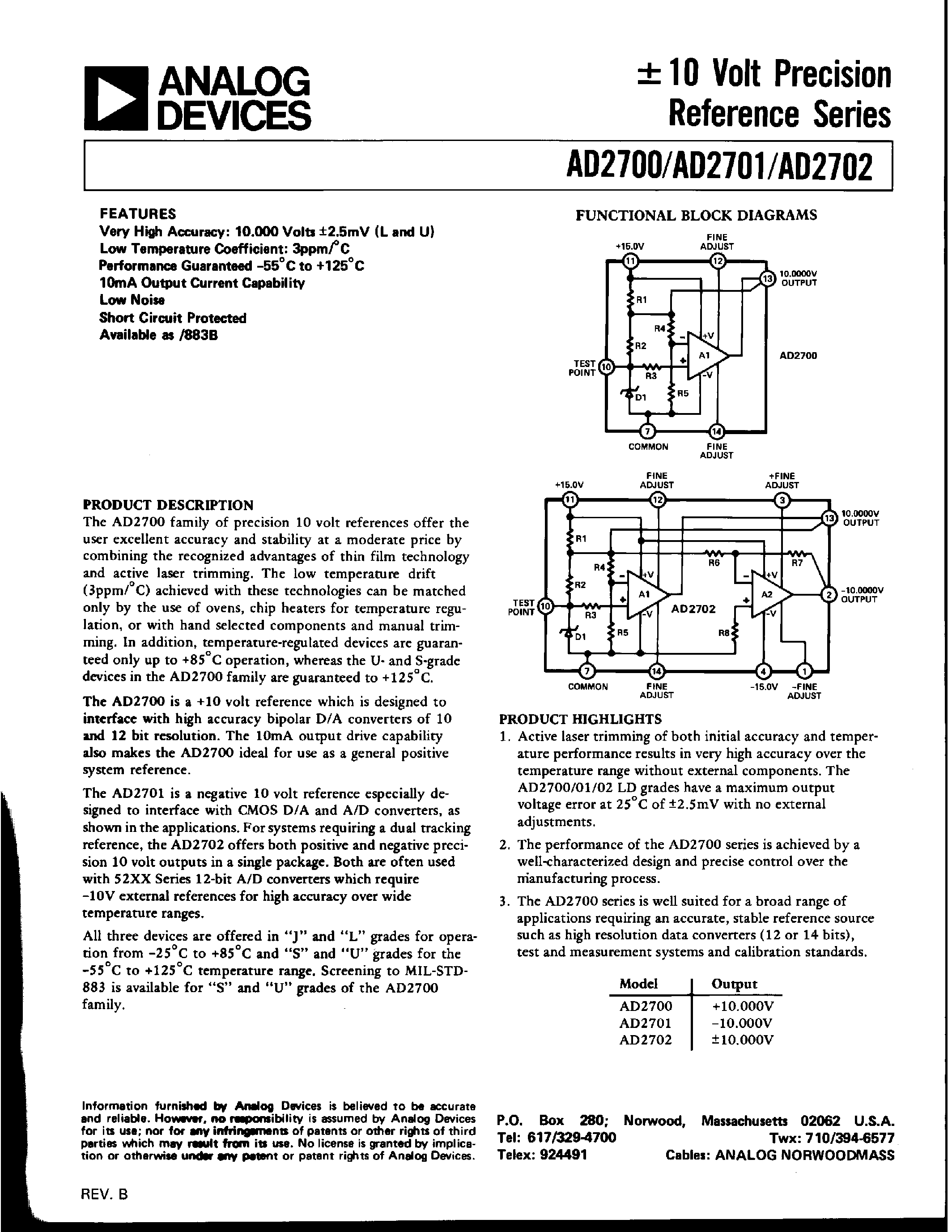 Datasheet AD2701 page 1 Datasheet AD2701 - +(-) 10 Volt Precision Reference Series page 1