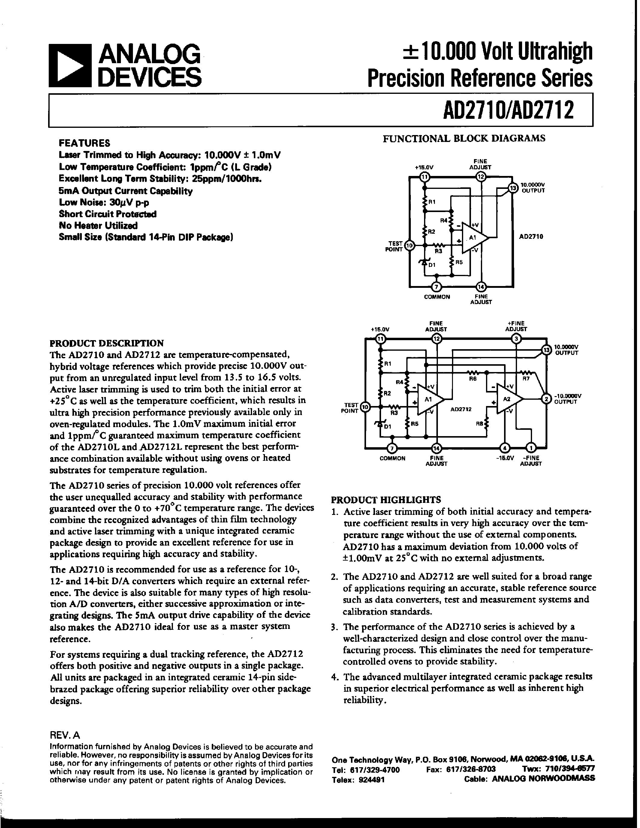 Даташит AD2710LN - +(-) 10.000 Volt Ultrahigh Precision Reference Series страница 1