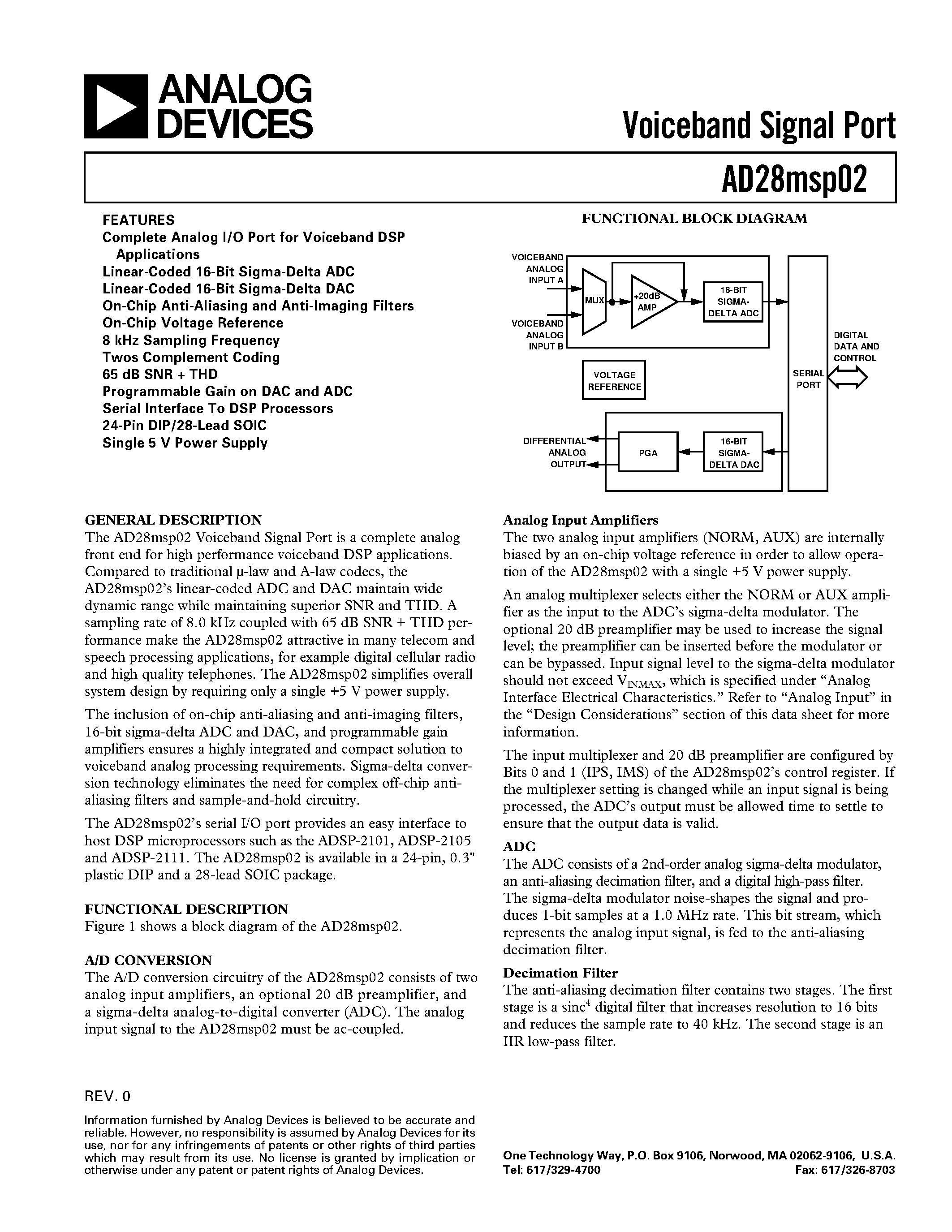 Datasheet AD28msp02BN page 1 Datasheet AD28msp02BN - Voiceband Signal Port page 1