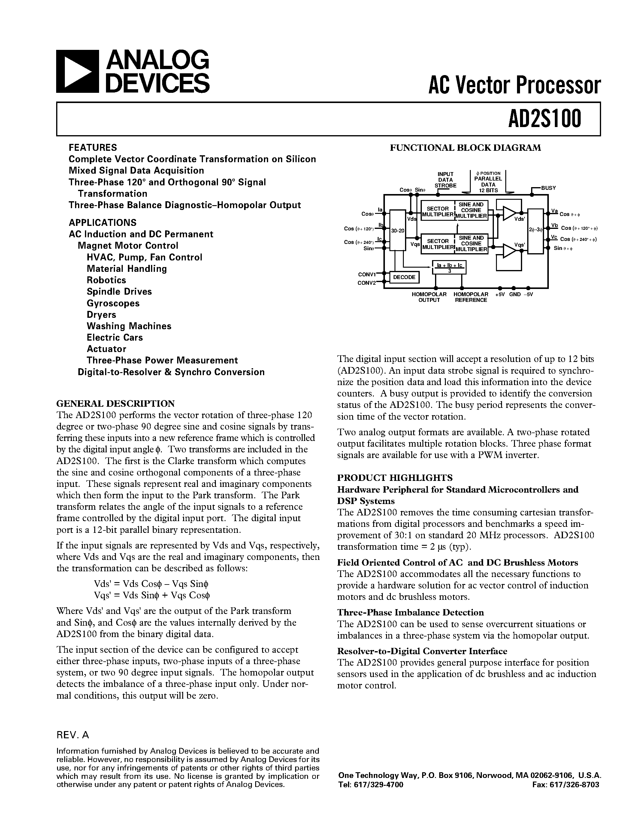 Datasheet AD2S100AP - AC Vector Processor page 1