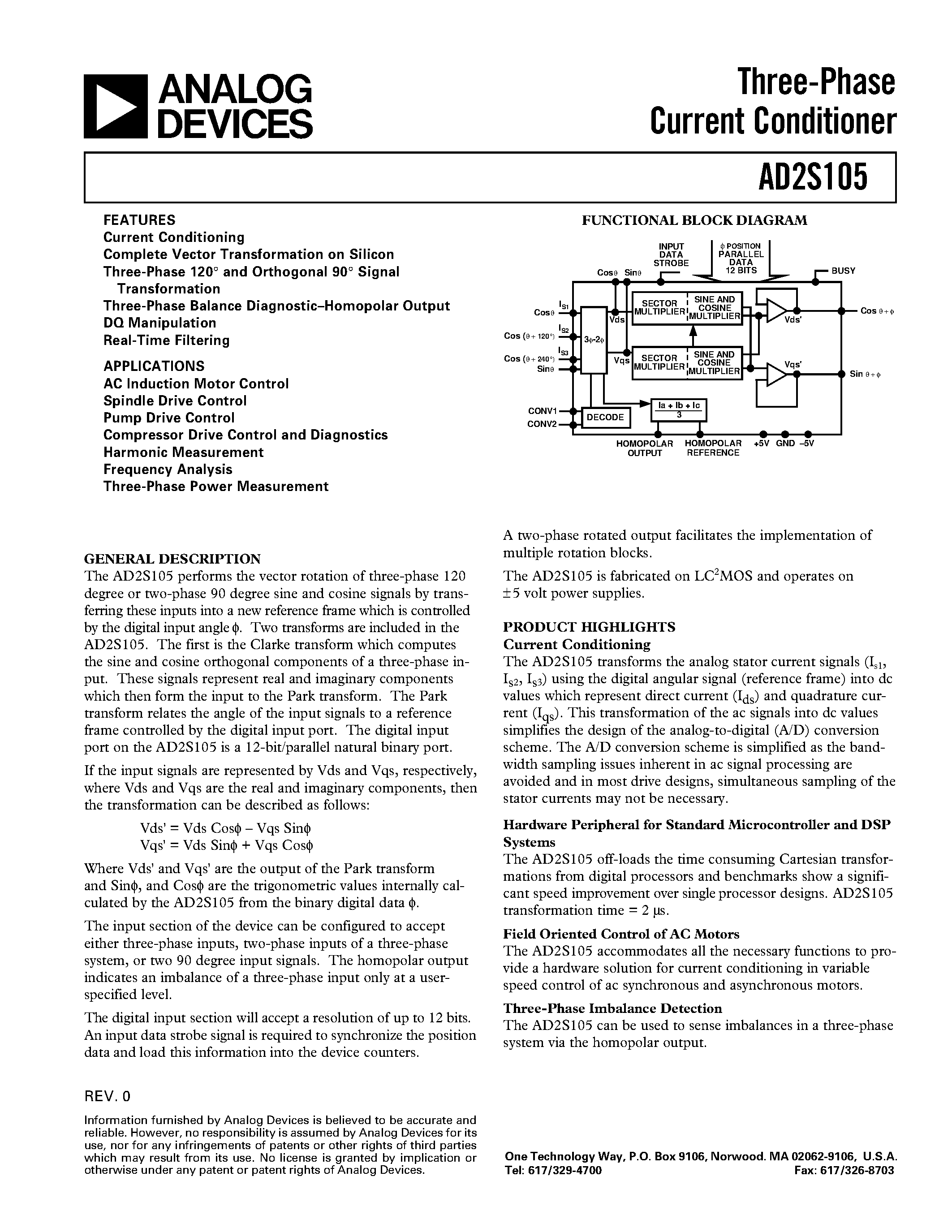 Даташит AD2S105 - Three-Phase Current Conditioner страница 1
