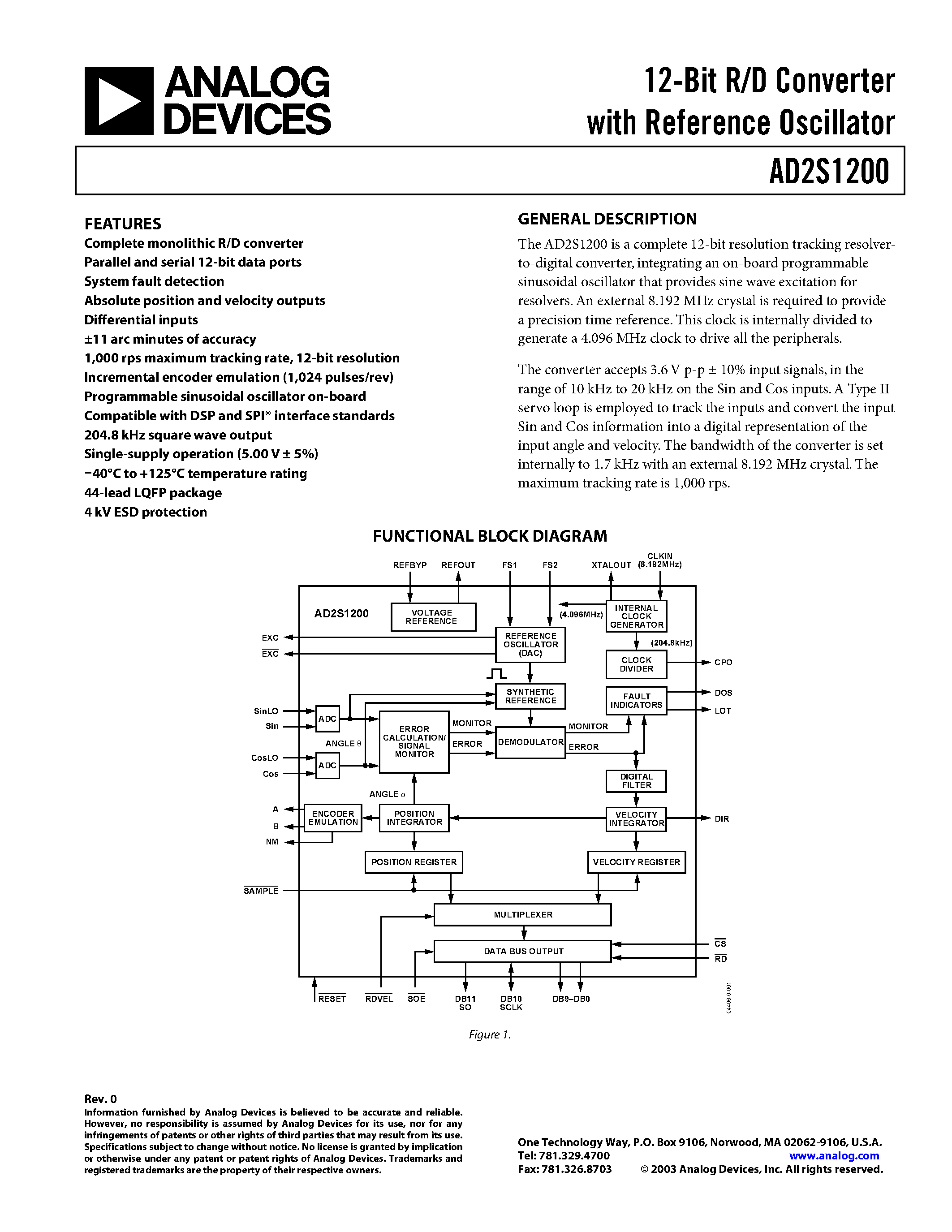 Datasheet AD2S1200YST page 1 Datasheet AD2S1200YST - 12-Bit R/D Converter with Reference Oscillator page 1