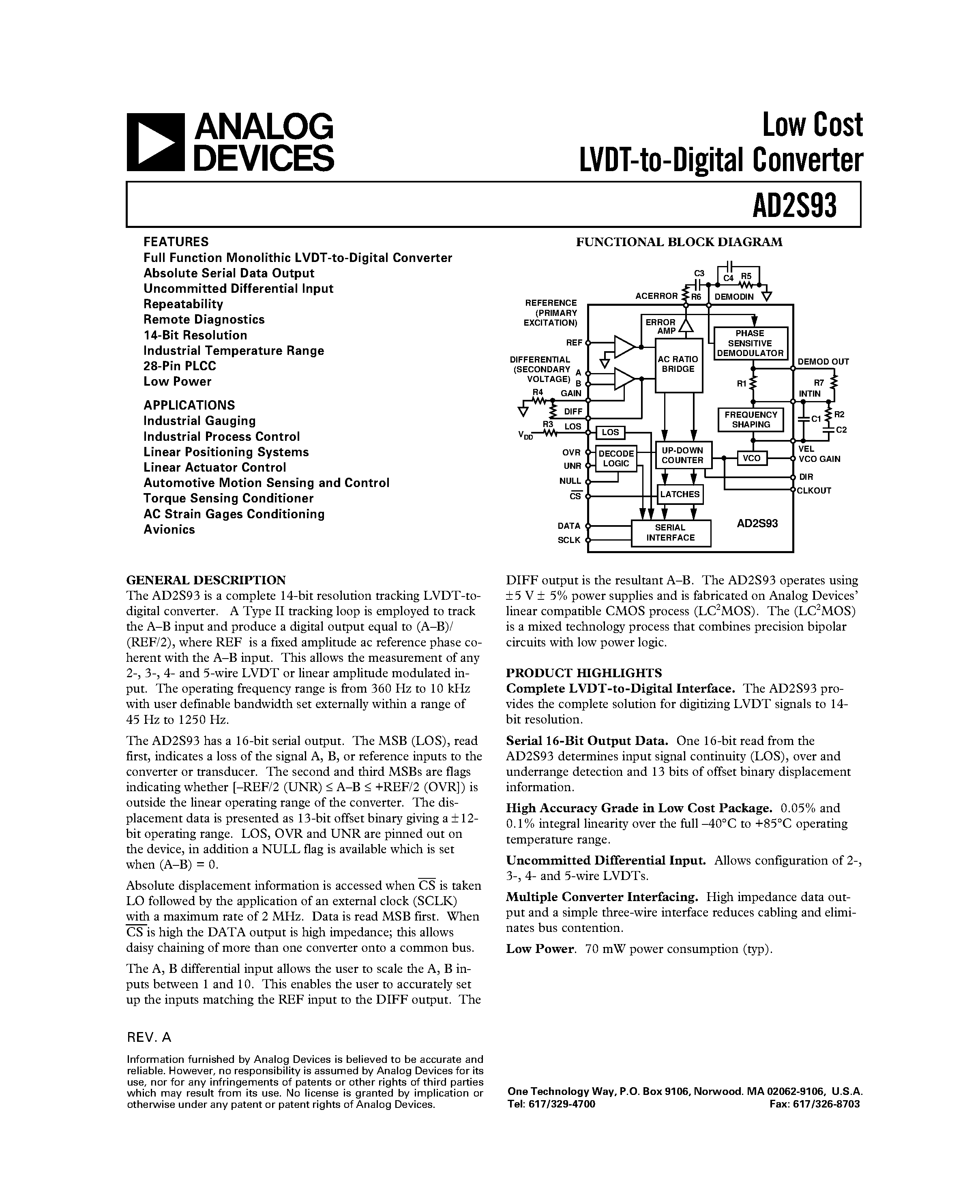 Даташит AD2S93 - Low Cost LVDT-to-Digital Converter страница 1