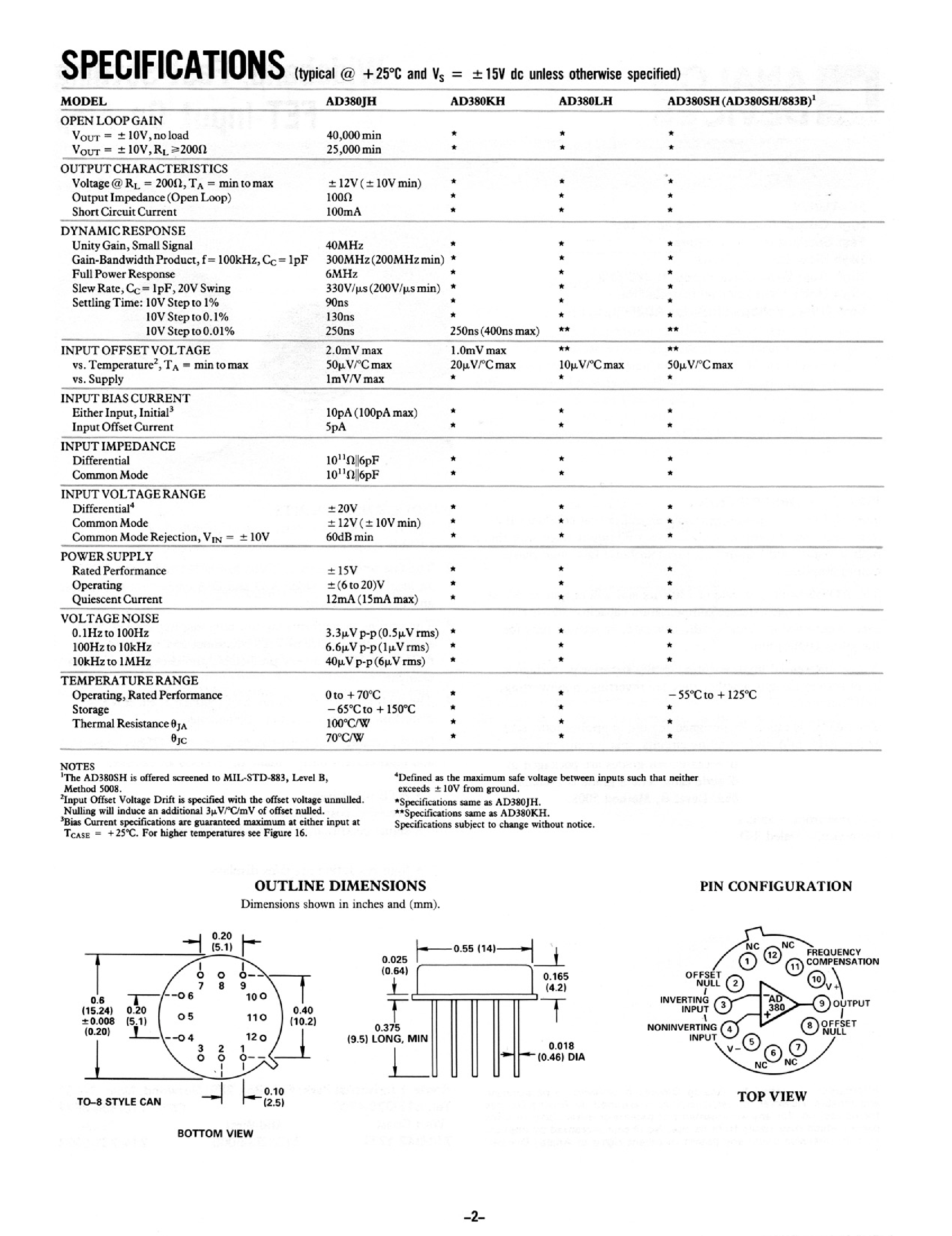 Даташит на микросхему AD380JH страница 2 Даташит AD380JH - WIDEBAND/ FAST-SETTING FET-INPUT OP AMP страница 2