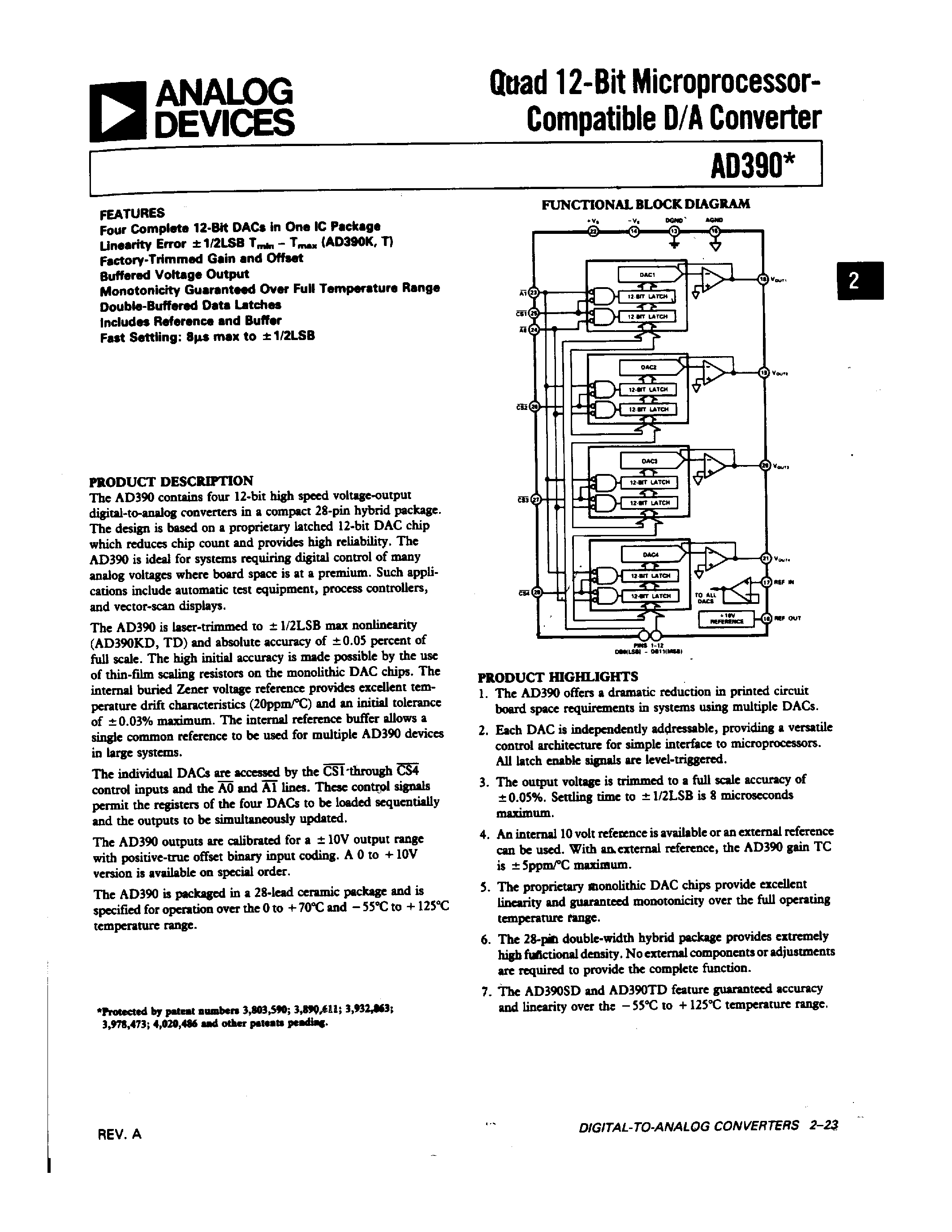 Datasheet AD390 - Quad 12-Bit Microprocessor-Compatible D/A Converter page 1