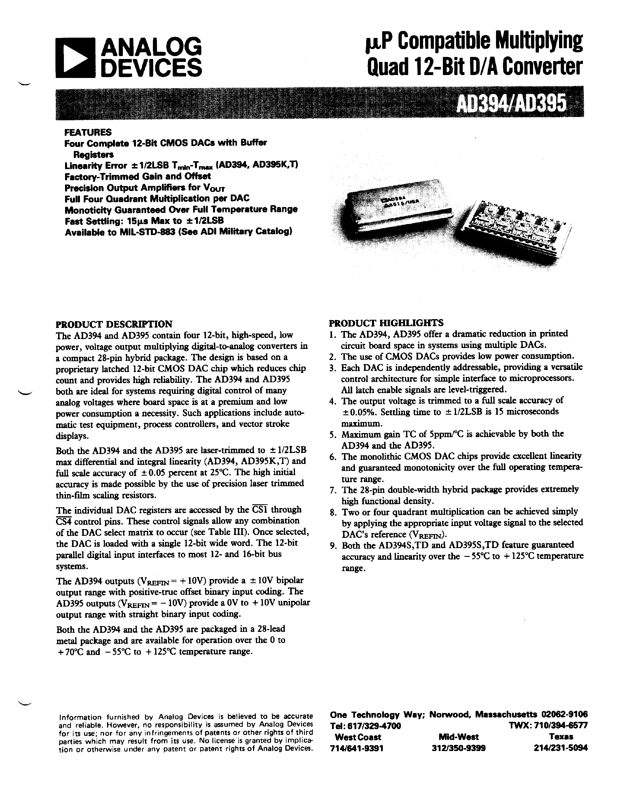 Datasheet AD394 - uP Compatible Multiplying Quad 12-Bit D/A Converter page 1