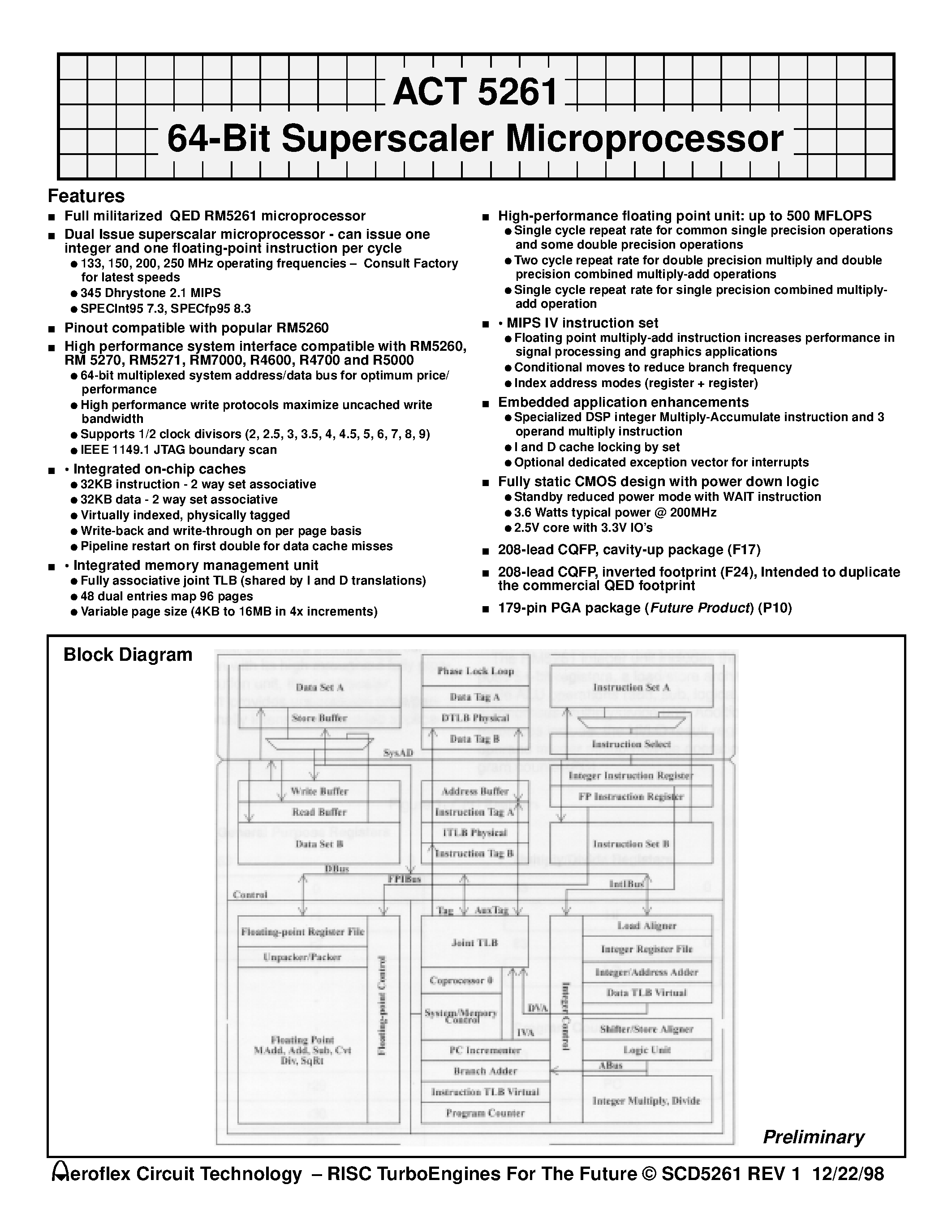 Даташит ACT-5261PC-200F24Q - ACT 5261 64-Bit Superscaler Microprocessor страница 1