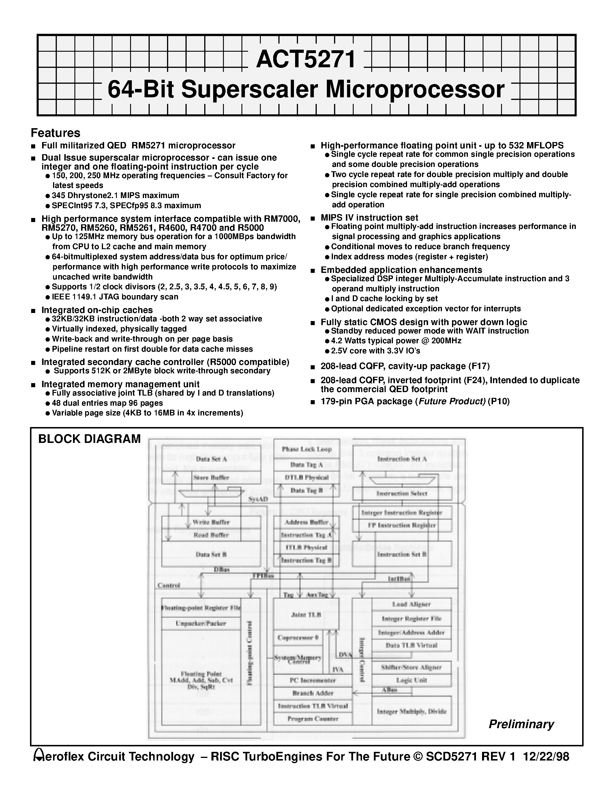 Даташит ACT-5271PC-250P10I - ACT5271 64-Bit Superscaler Microprocessor страница 1