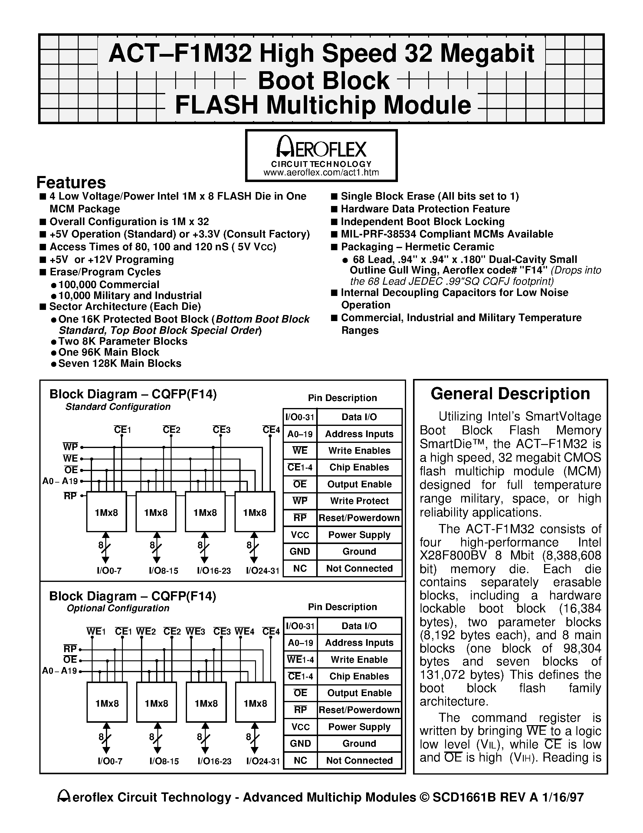 Даташит ACT-D1M32T-120F14M - ACT-F1M32 High Speed 32 Megabit Boot Block FLASH Multichip Module страница 1