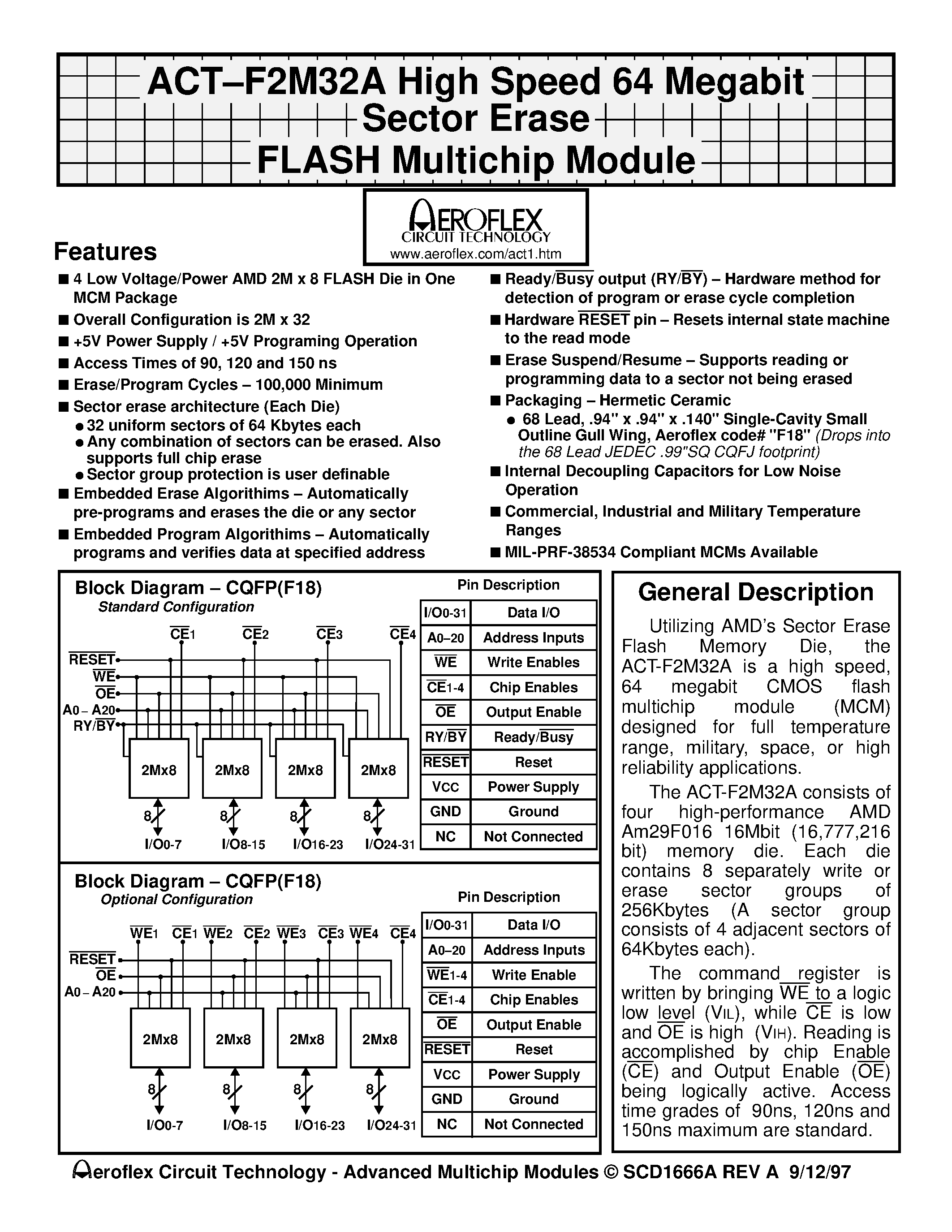Datasheet ACT-D2M32C-150F18I - ACT-F2M32A High Speed 64 Megabit Sector Erase FLASH Multichip Module page 1
