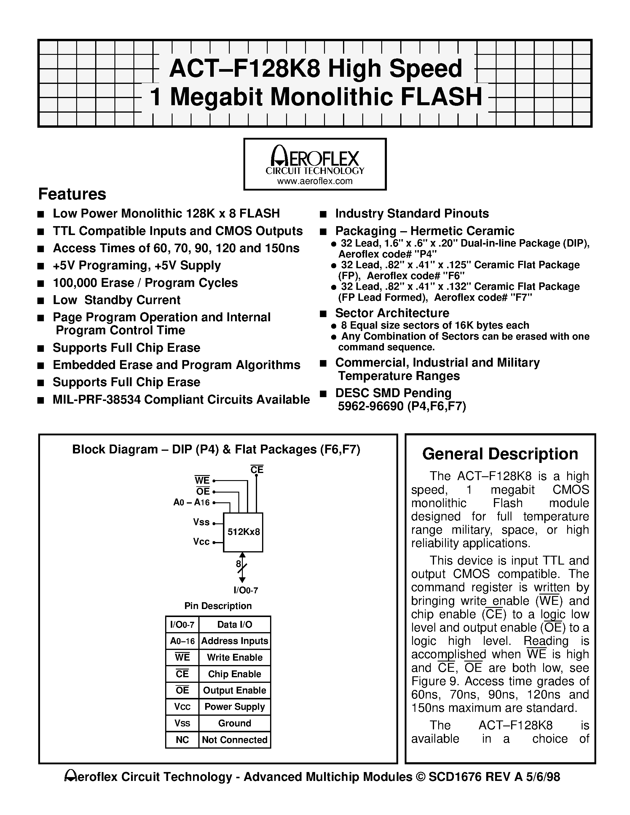 Даташит ACT-F1288N-150F6T - ACT-F128K8 High Speed 1 Megabit Monolithic FLASH страница 1