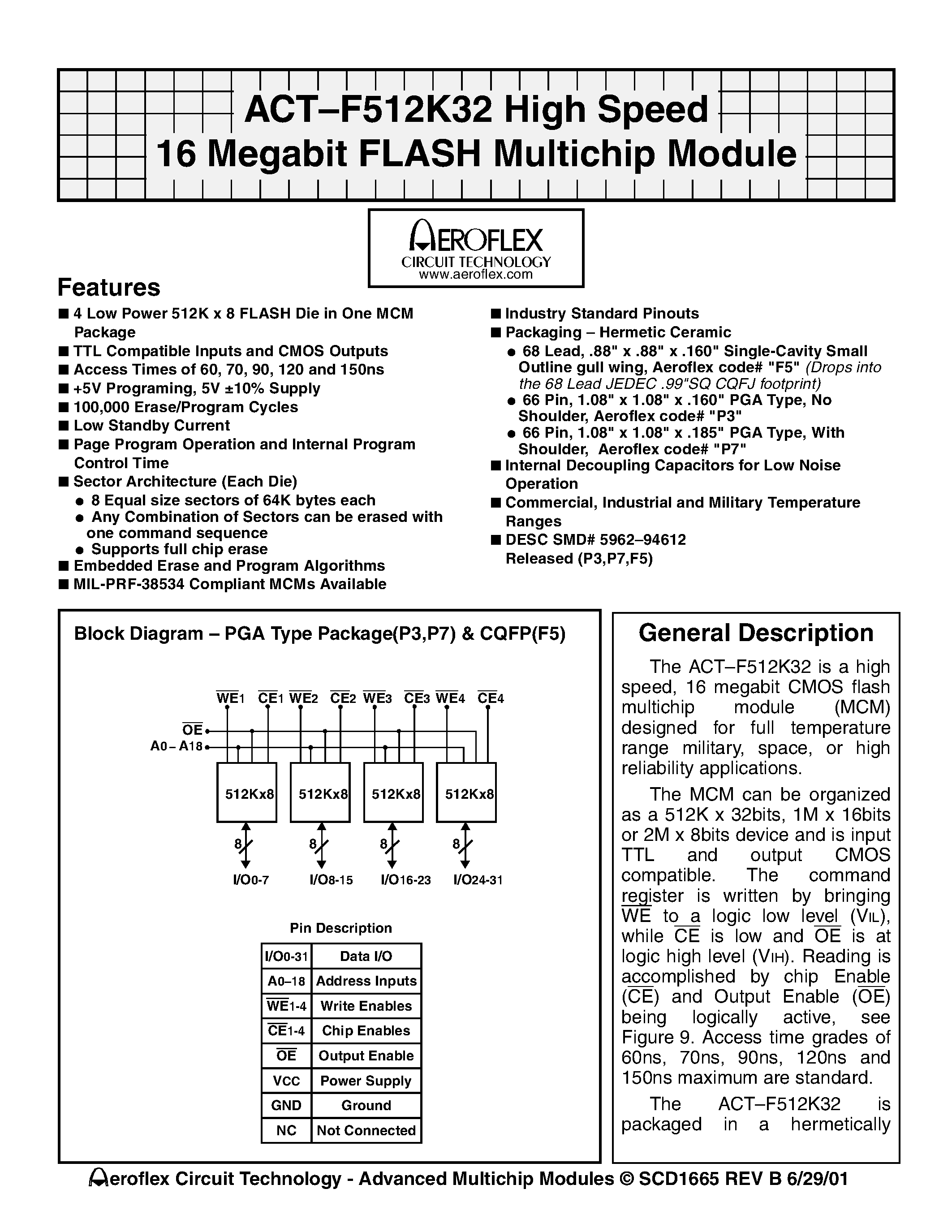 Даташит ACT-F512K32N-150P3T - ACT-F512K32 High Speed 16 Megabit FLASH Multichip Module страница 1