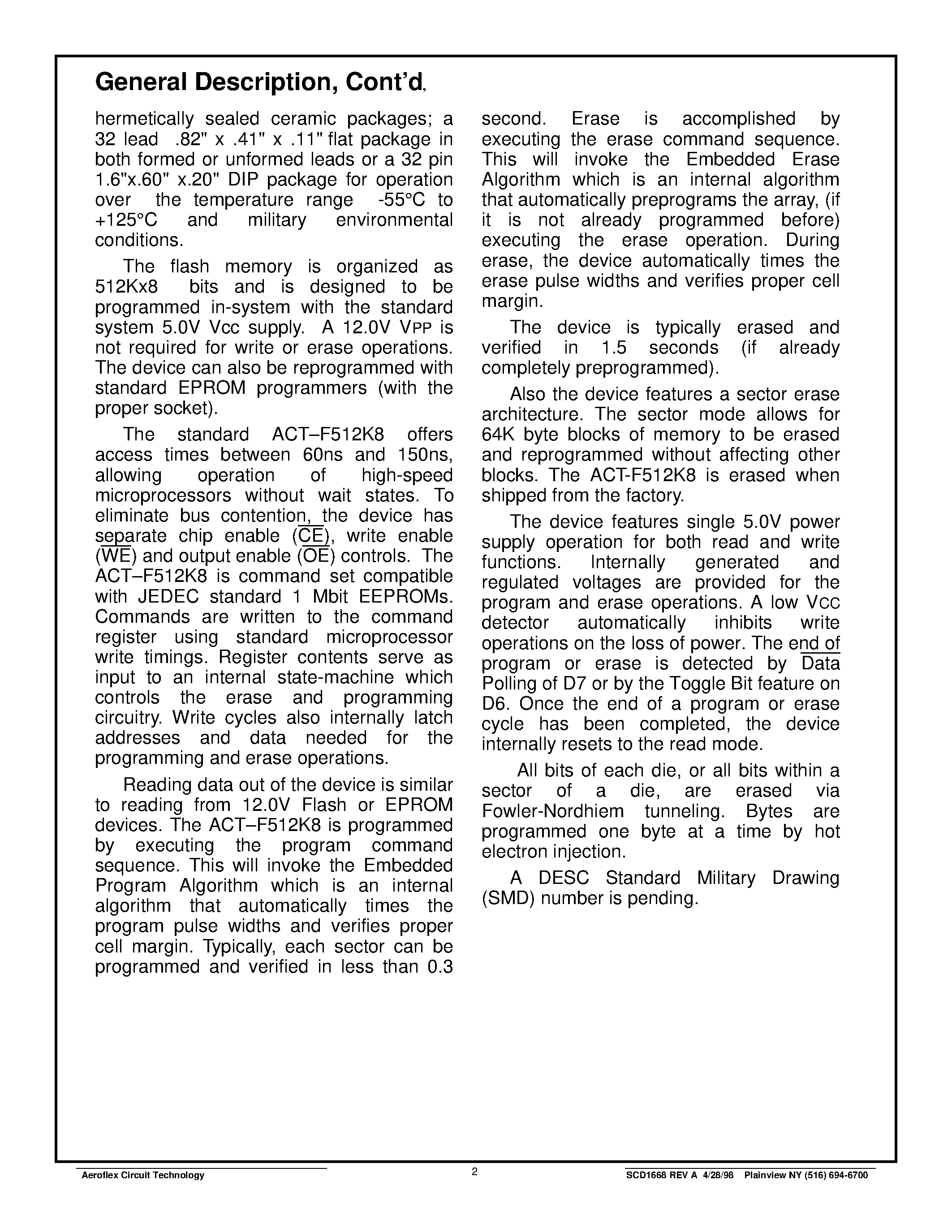 Даташит ACT-F512K8N-060F7M - ACT-F512K8 High Speed 4 Megabit Monolithic FLASH страница 2