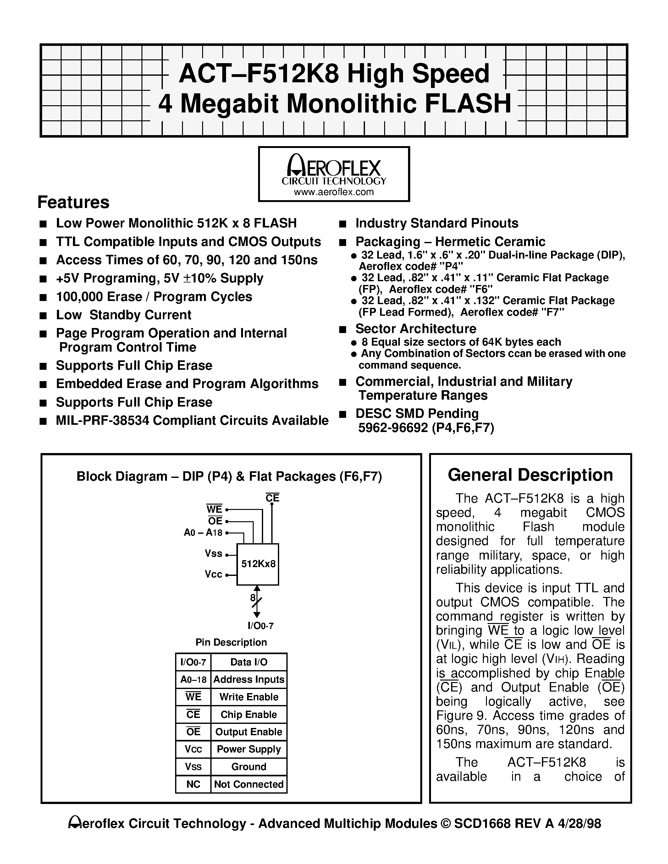 Даташит ACT-F512K8N-090P4Q - ACT-F512K8 High Speed 4 Megabit Monolithic FLASH страница 1