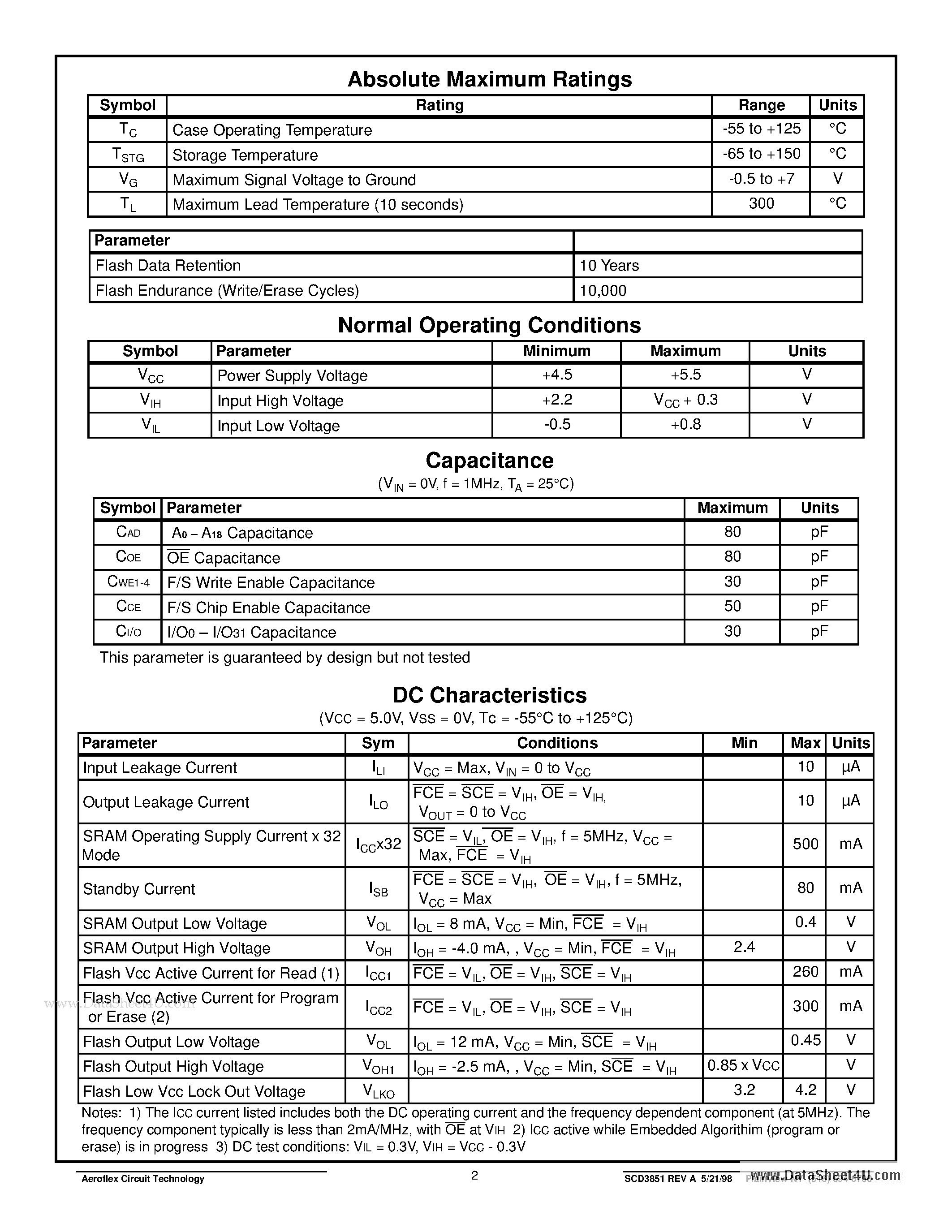 Даташит ACT-SF41632N-26P5I - ACT-SF41632 High Speed 128Kx32 SRAM / 512Kx32 Flash Multichip Module страница 2