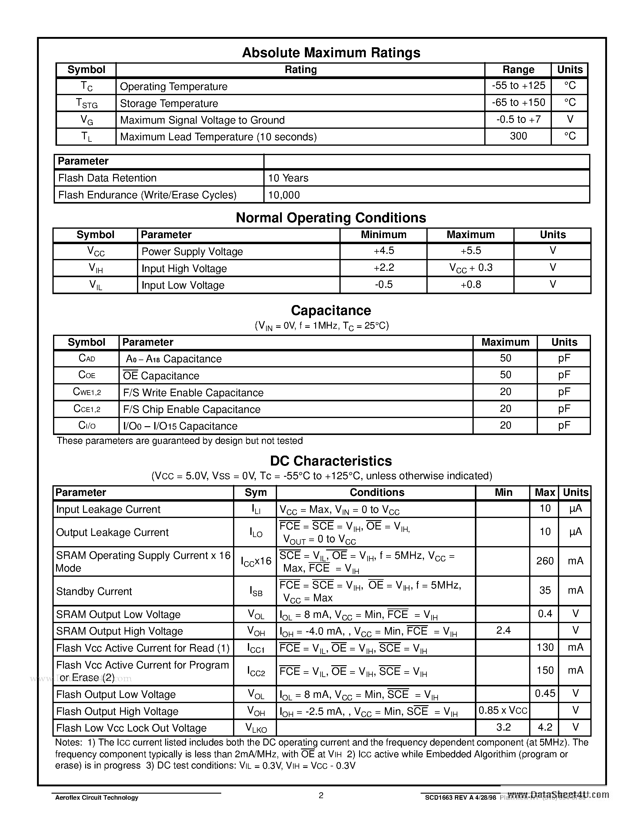 Даташит ACT-SF512K16N-26F18T - ACT-SF512K16 High Speed 512Kx16 SRAM/FLASH Multichip Module страница 2