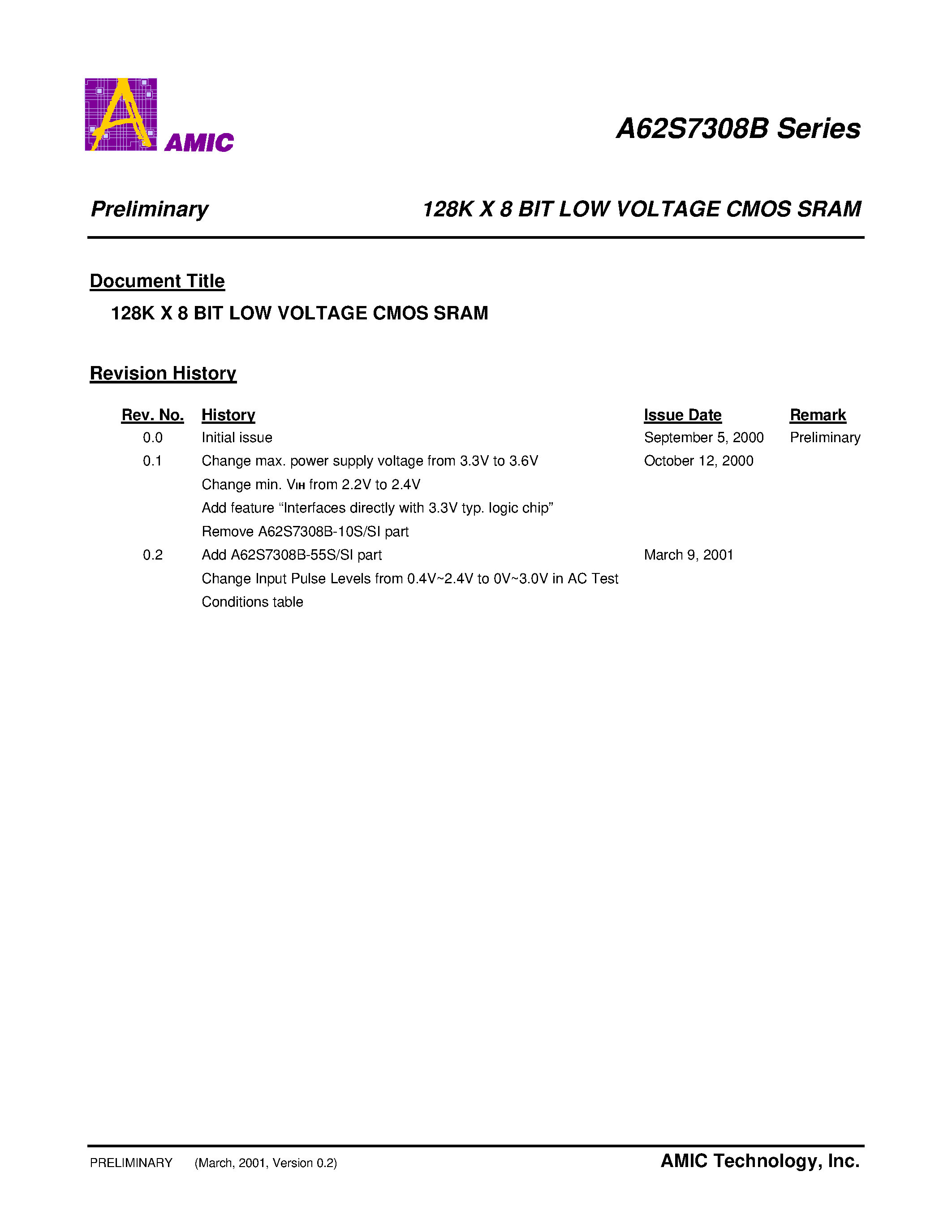 Datasheet A62S7308BV-70SI - 128K X 8 BIT LOW VOLTAGE CMOS SRAM page 1