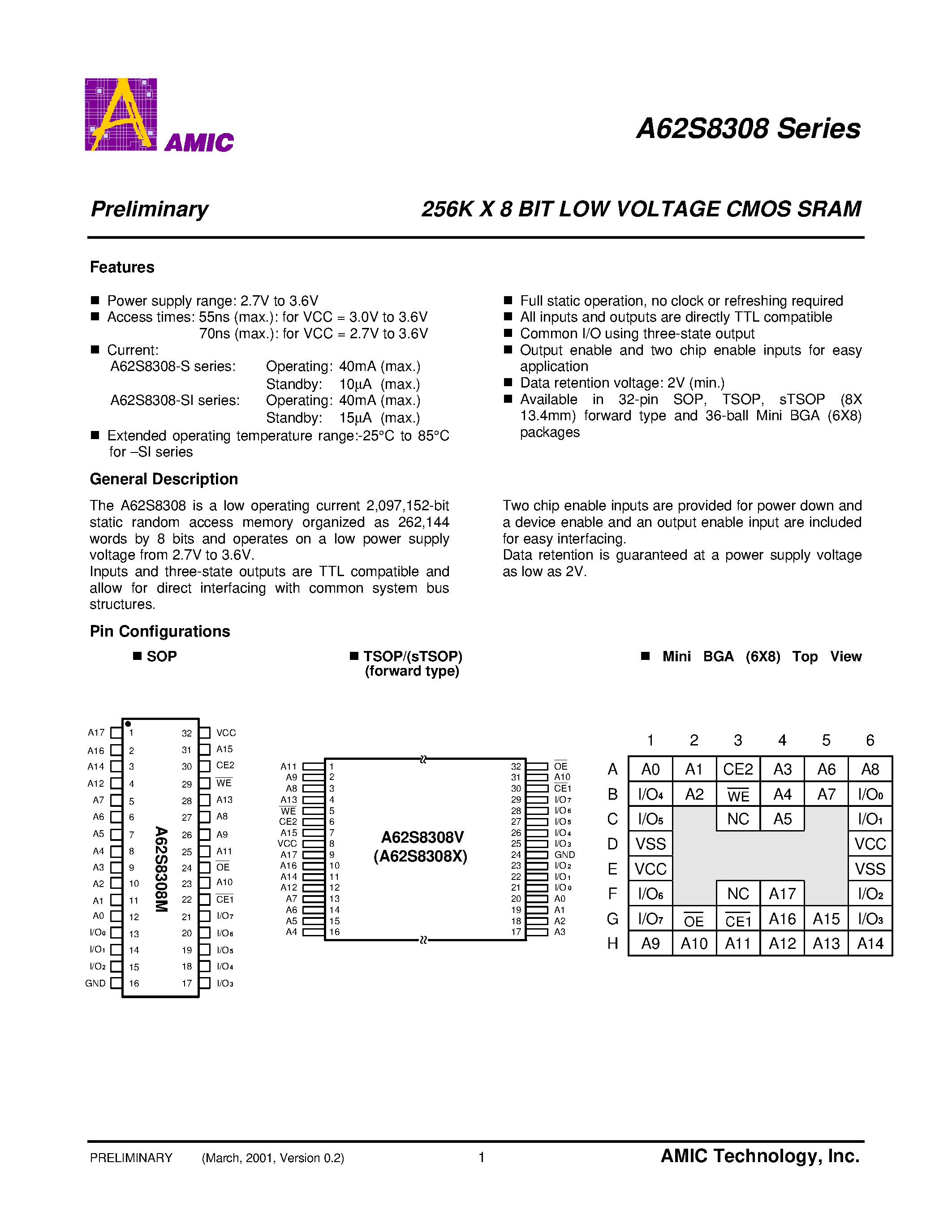 Datasheet A62S8308X-55S - 256K X 8 BIT LOW VOLTAGE CMOS SRAM page 2