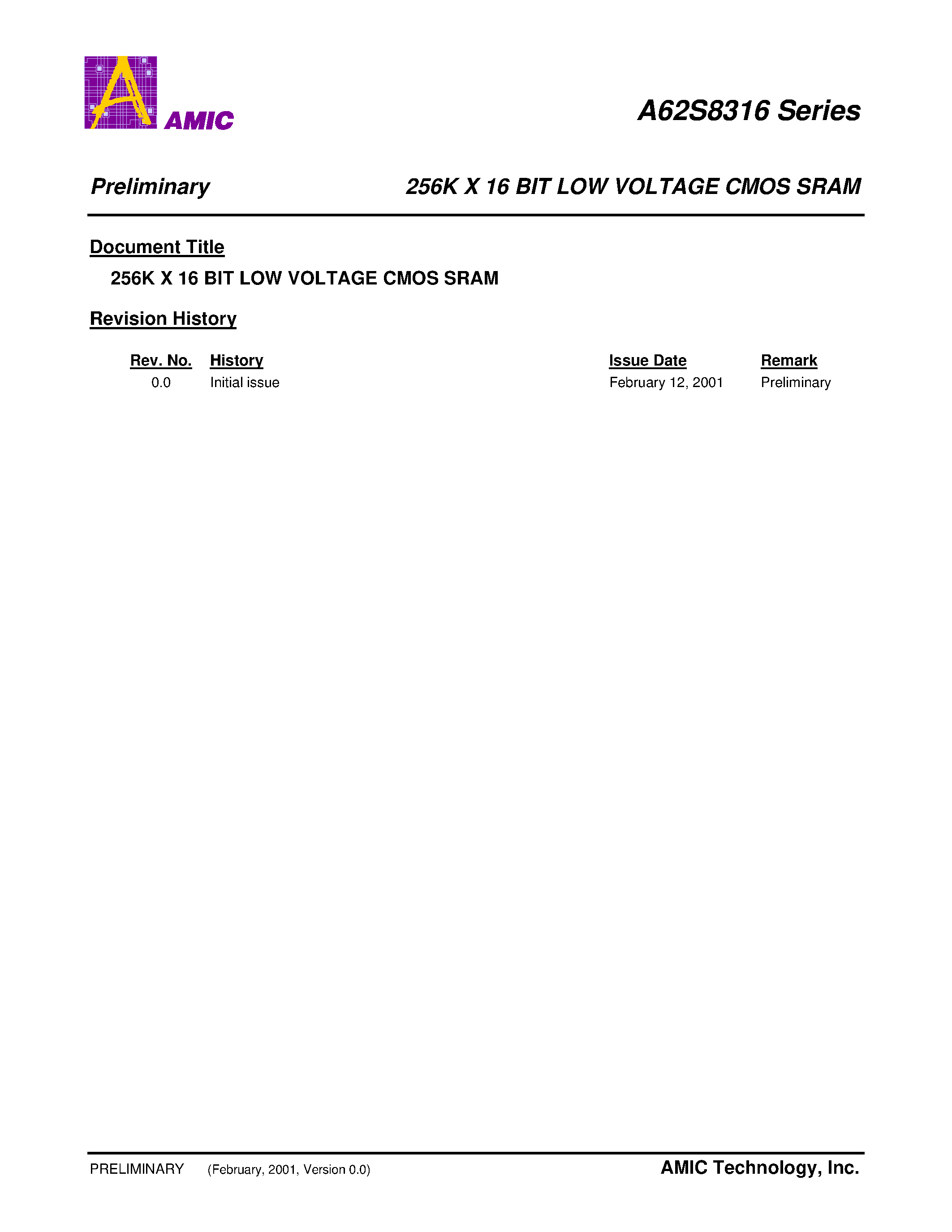 Datasheet A62S8316 - 256K X 16 BIT LOW VOLTAGE CMOS SRAM page 1