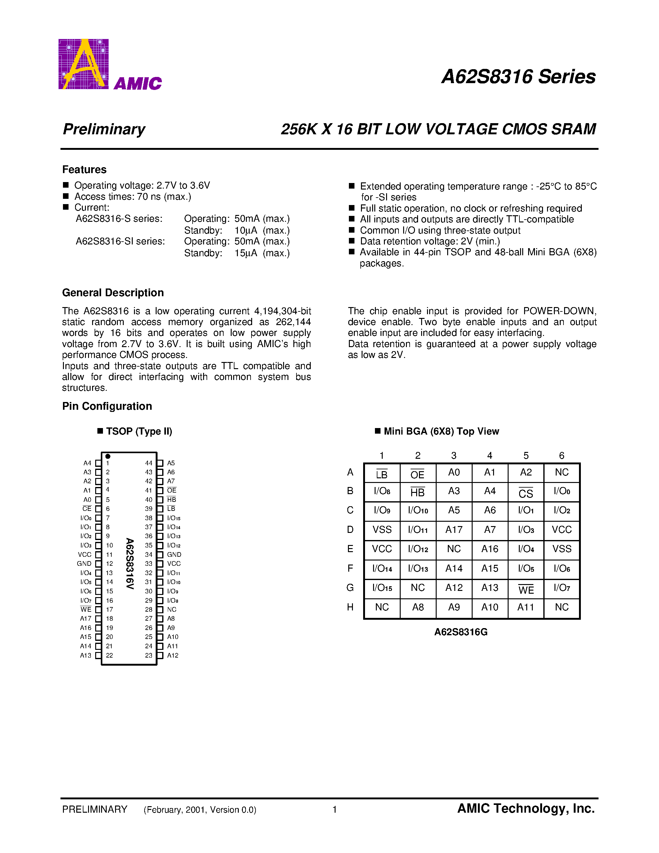 Datasheet A62S8316G-70S - 256K X 16 BIT LOW VOLTAGE CMOS SRAM page 2