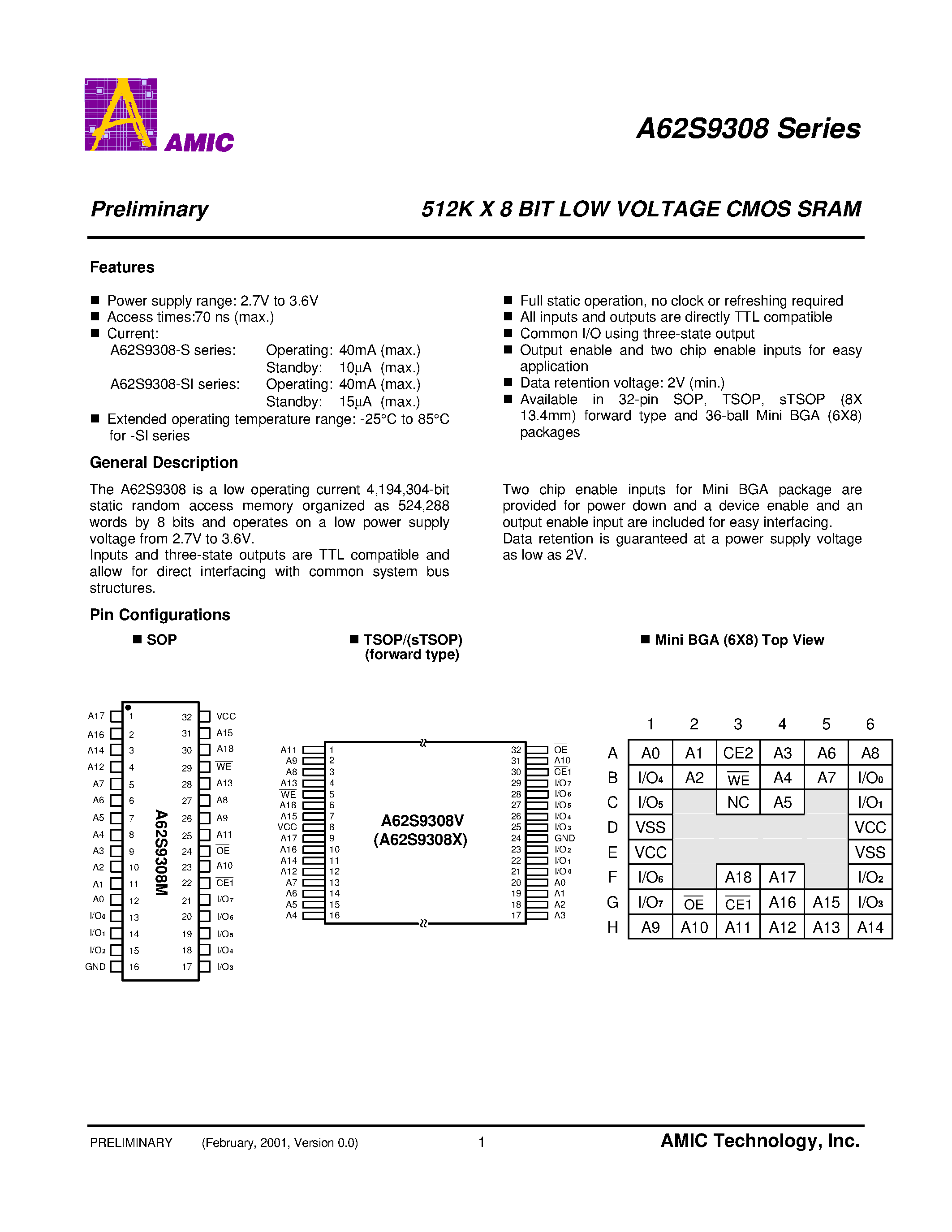 Datasheet A62S9308G-70S - 512K X 8 BIT LOW VOLTAGE CMOS SRAM page 2