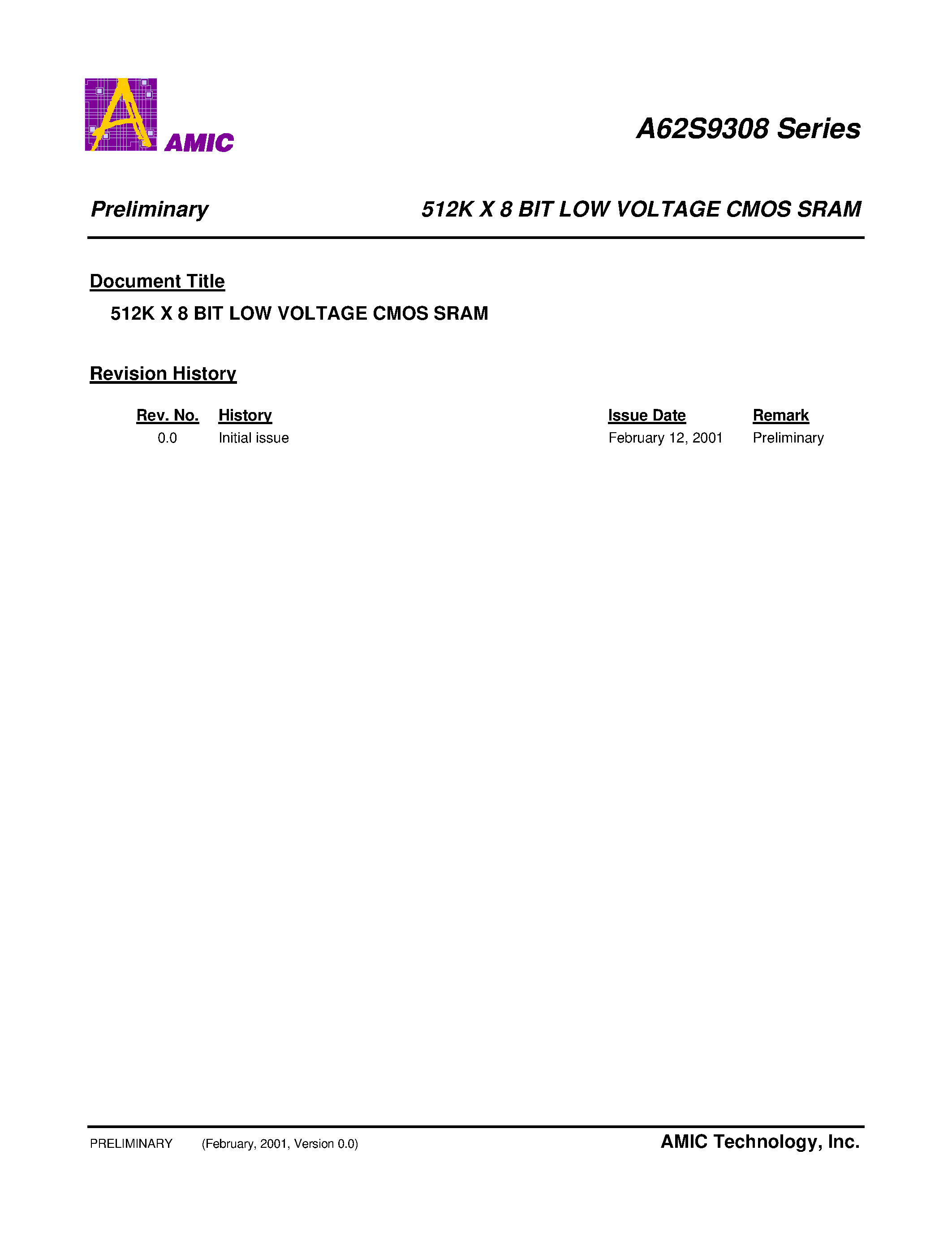 Datasheet A62S9308X-70S - 512K X 8 BIT LOW VOLTAGE CMOS SRAM page 1