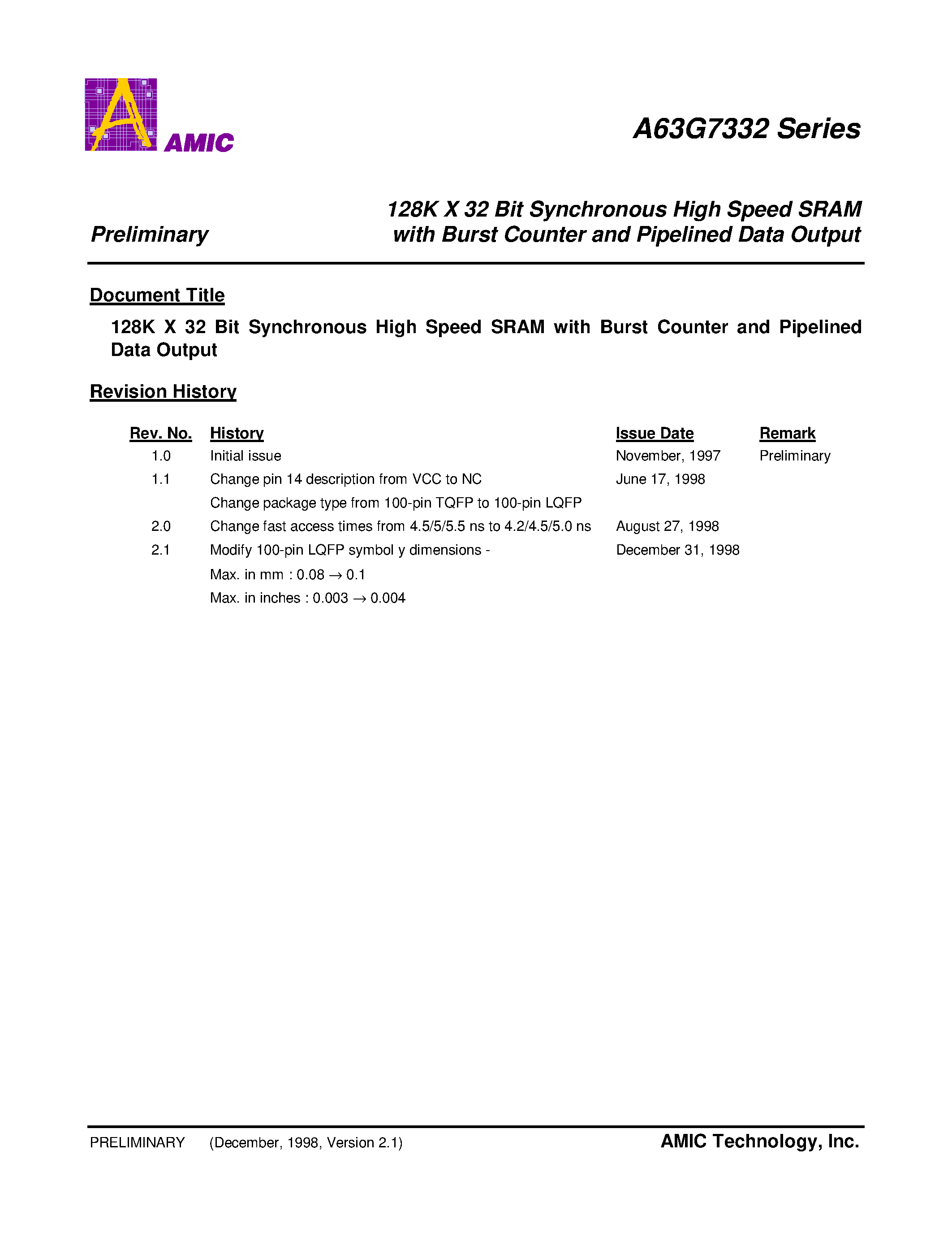 Datasheet A63G7332E-45 - 128K X 32 Bit Synchronous High Speed SRAM with Burst Counter and Pipelined Data Output page 1