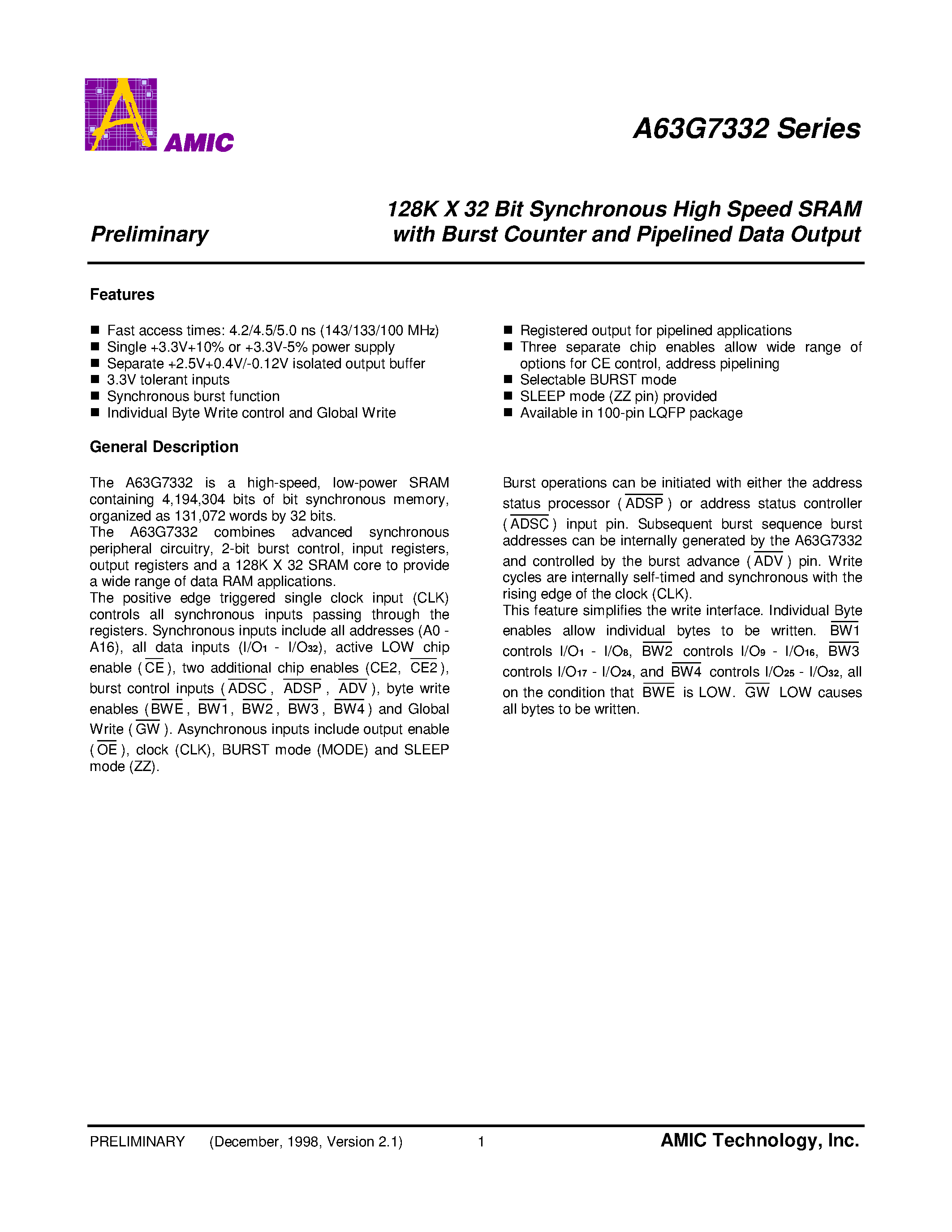 Datasheet A63G7332E-45 - 128K X 32 Bit Synchronous High Speed SRAM with Burst Counter and Pipelined Data Output page 2