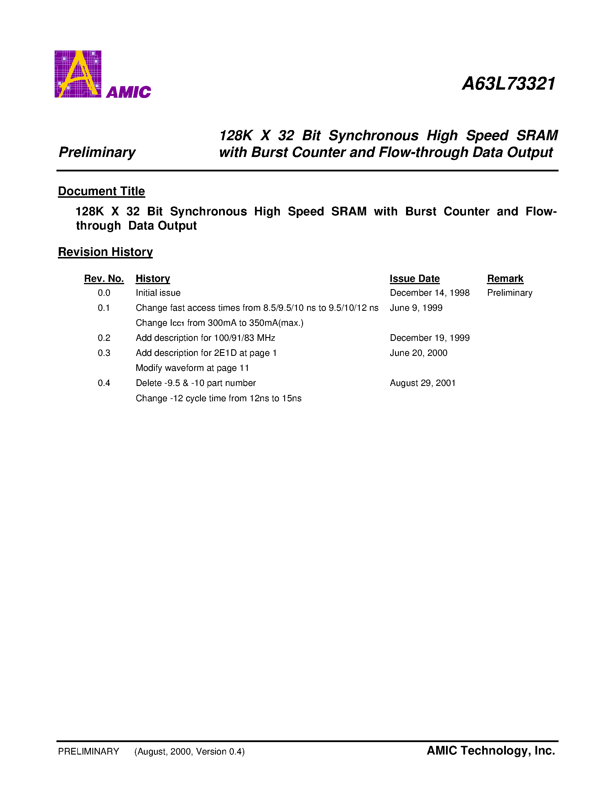 Datasheet A63L73321 - 128K X 32 Bit Synchronous High Speed SRAM with Burst Counter and Flow-through Data Output page 1