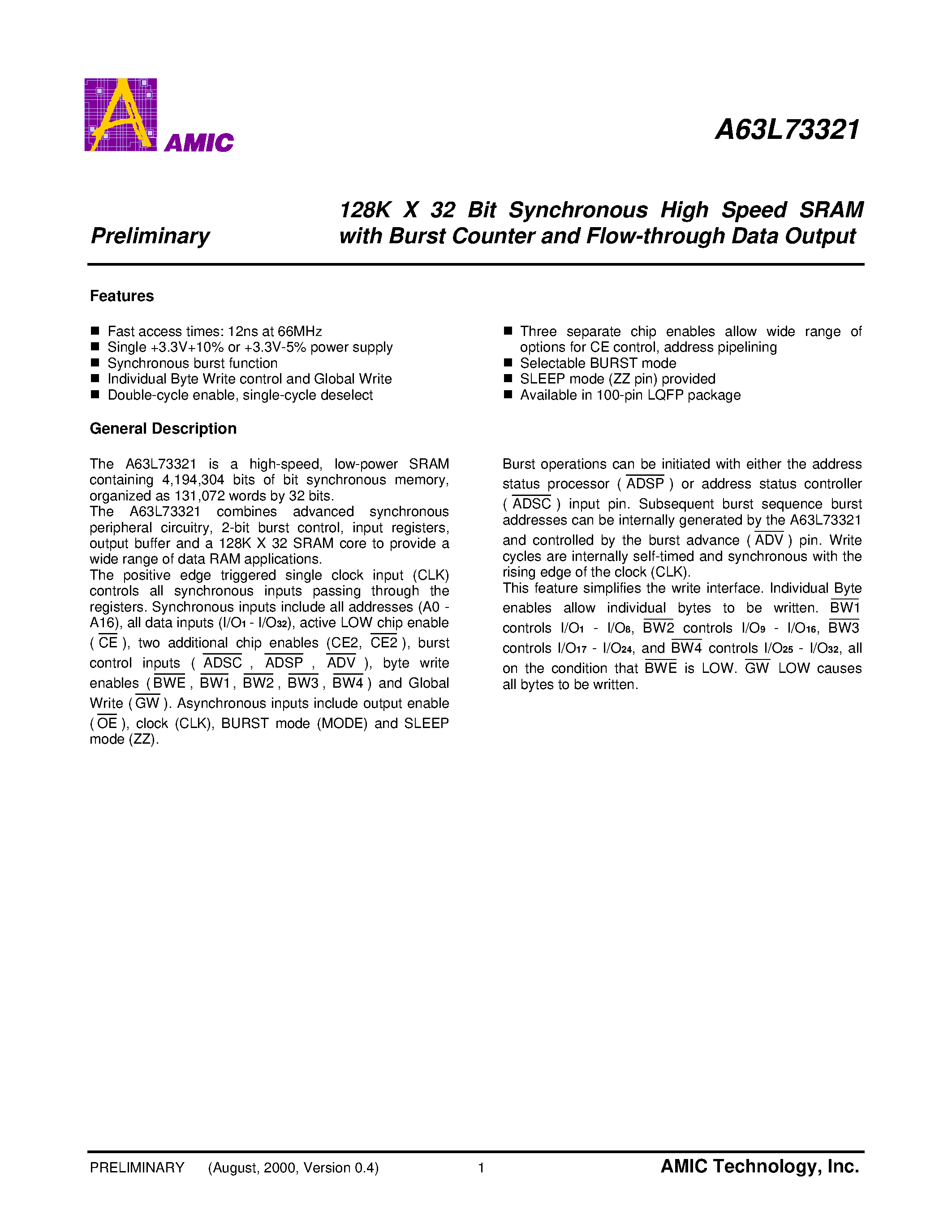 Datasheet A63L73321 - 128K X 32 Bit Synchronous High Speed SRAM with Burst Counter and Flow-through Data Output page 2