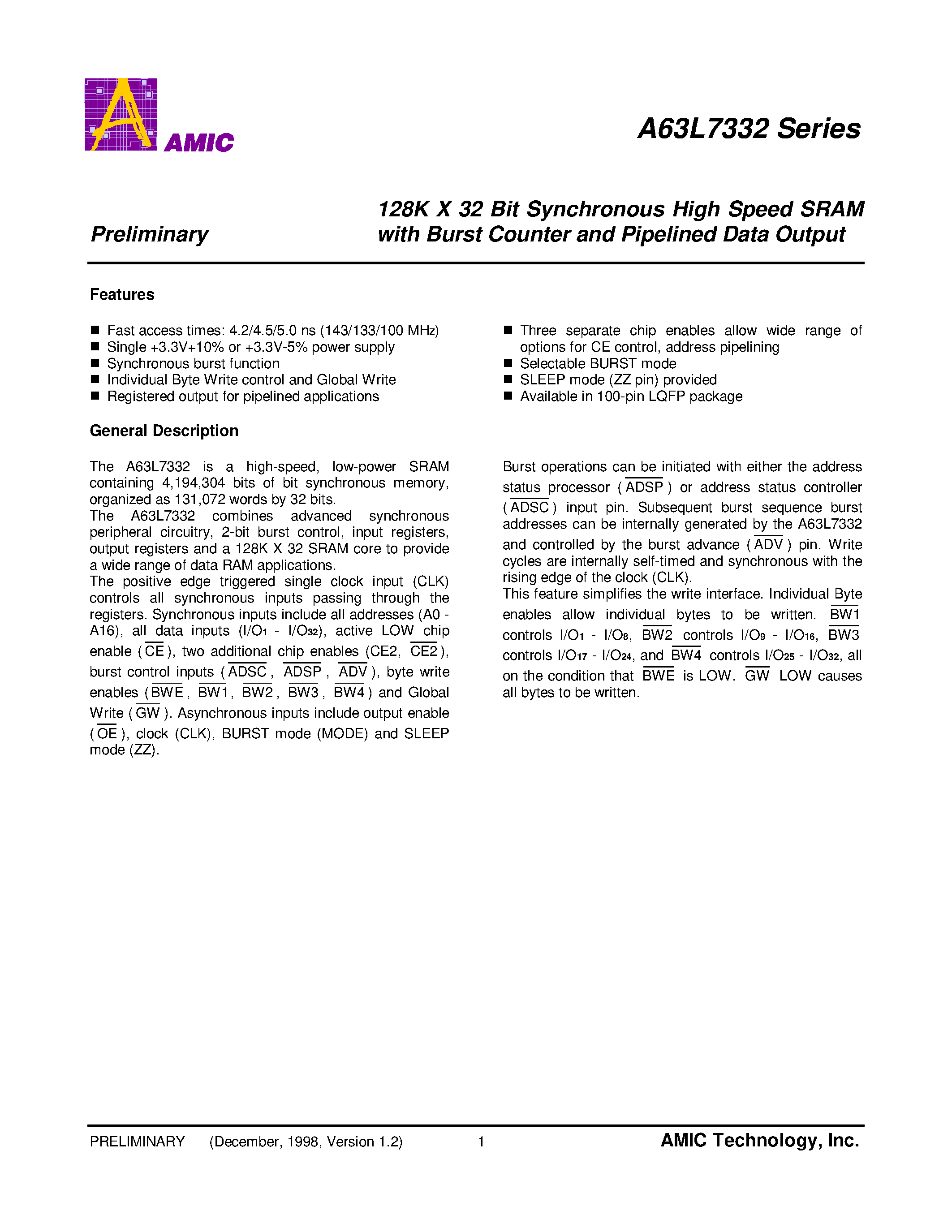 Datasheet A63L7332E-42 - 128K X 32 Bit Synchronous High Speed SRAM with Burst Counter and Pipelined Data Output page 2